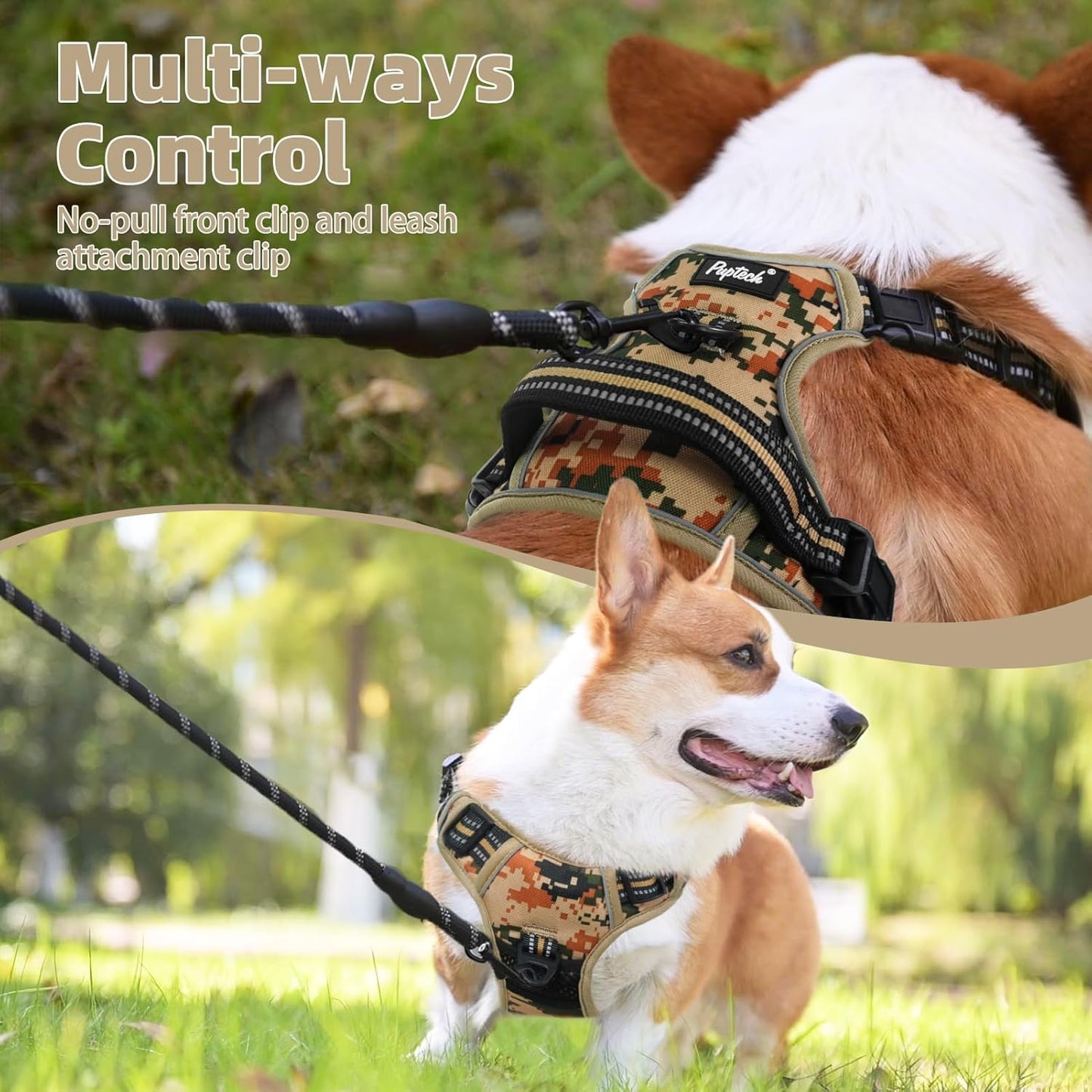PUPTECK No Pull Dog Harness Medium Sized, Adjustable Reflective Dog Harness with Handle Easy Control, Comfortable Soft Padded Pet Vest Harness for Medium Dogs, Camouflage M