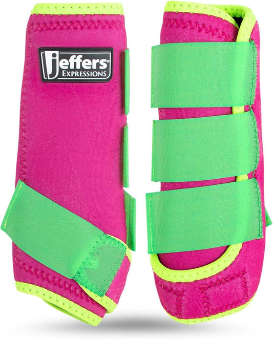 Jeffers Expression Neon Horse Boots 1 Pair – Pink & Lime, Breathable Neoprene with Secure Strap Closures, Durable Premium Protection for Jump Training & Trail Riding – Front & Hind, Medium Size