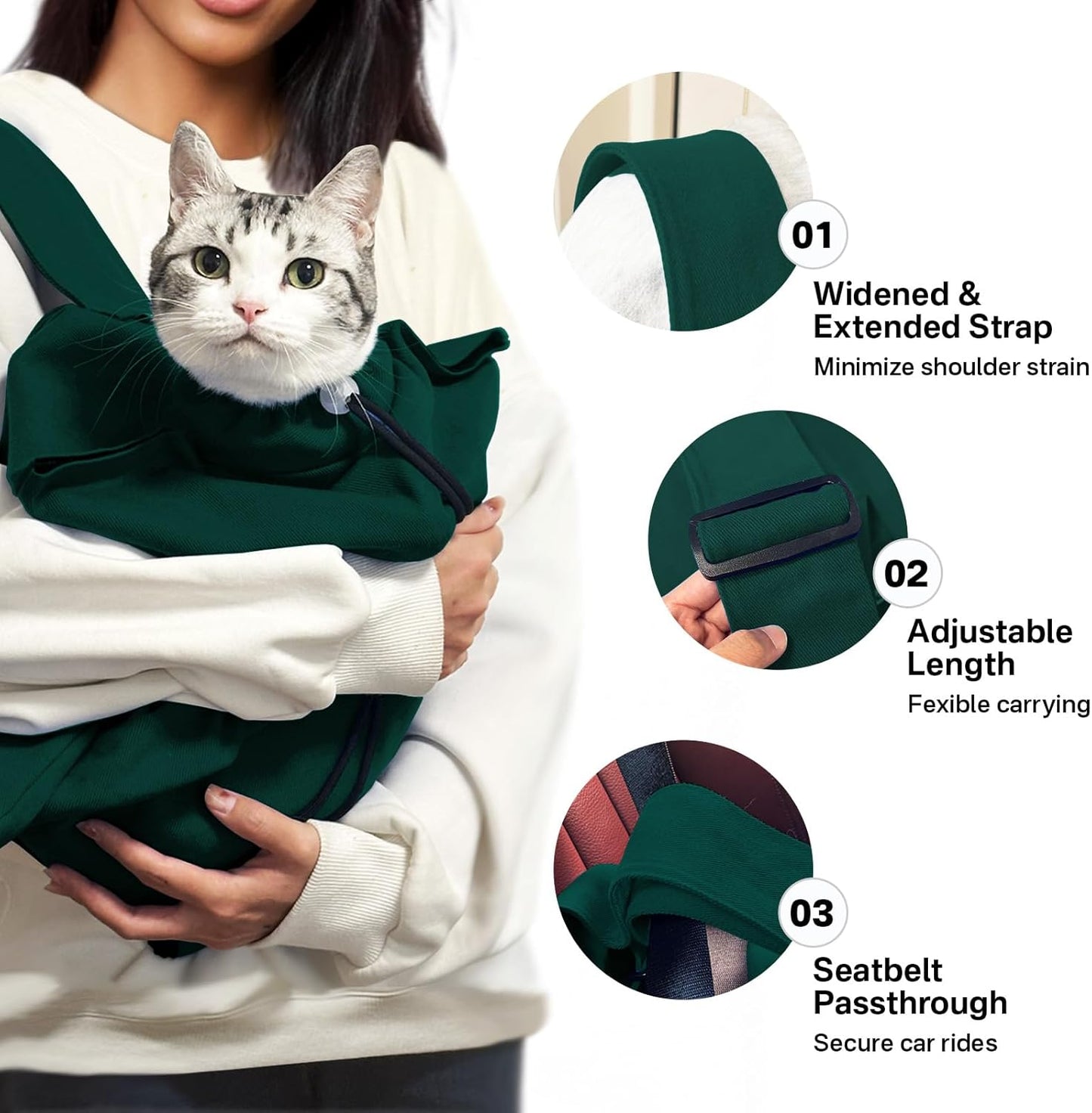 [Cozy Travel] Cat Carrier Pouch, Soft Cat Carrier for Small Cats, Kitten Carrying Bag, Restraint Bag for Nail Trimming, Vet Visits, Giving Meds, Car Travel -Dark Green