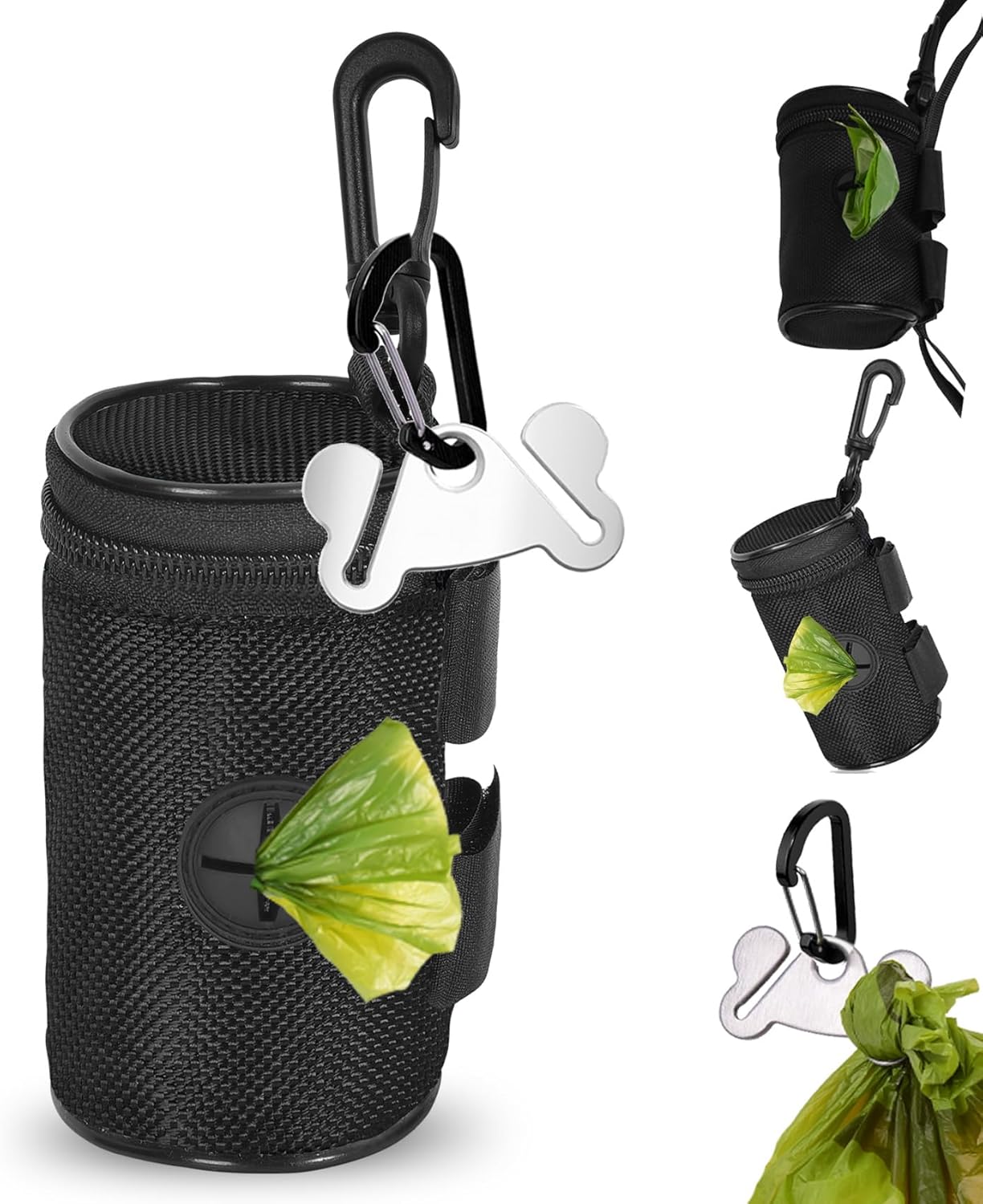Dog Poop Bag Holder for Leash Attachment - Waste Bag Dispenser for Leash - Fits Any Dog Leash - Portable Set with Hand Free Holder Metal Carrier, Black Round Shape