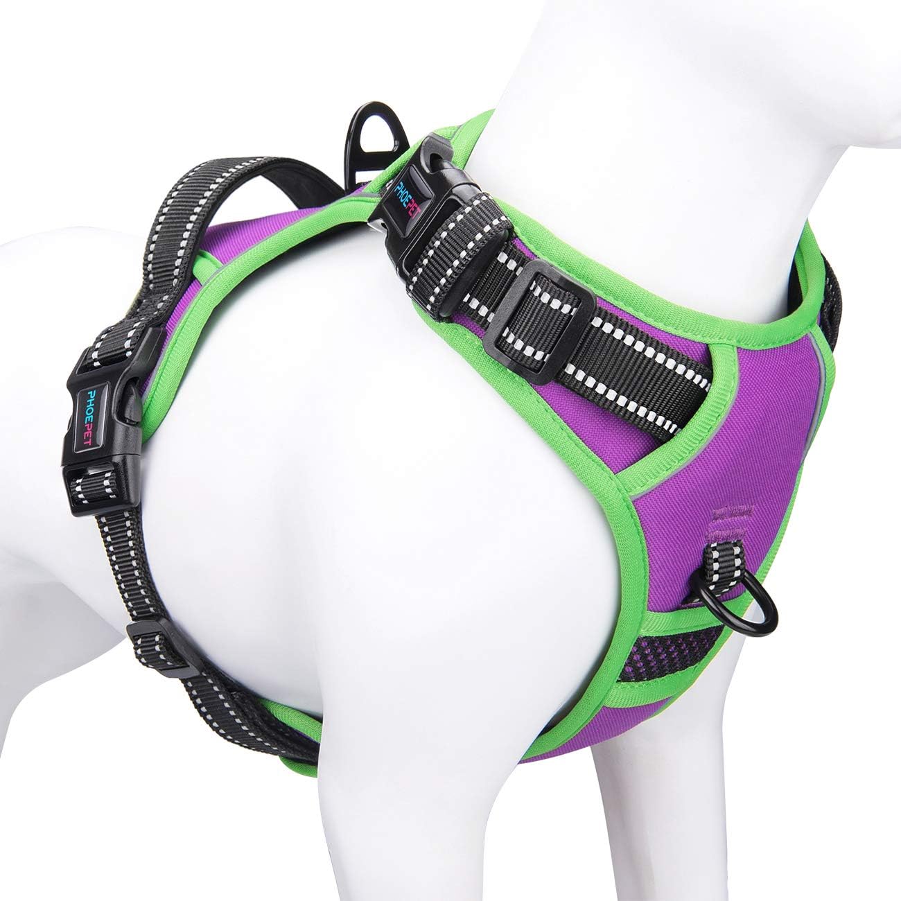PHOEPET 2019 Reflective Dog Harness Large Breed Adjustable No Pull Vest with with Handle 2 Metal Rings 3 Buckles [Easy to Put on & Take Off](XL, Purple)