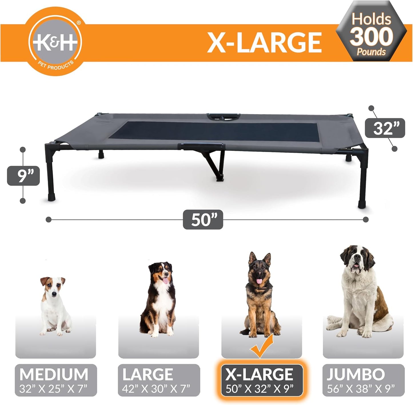 K&H Pet Products Outdoor Elevated Dog Cot, Breathable Cooling Elevated Cot Hammock Pet Bed for XL Dogs, Washable Mesh Cover, Raised Metal Frame, Collapsible, Portable - Extra-Large 50 X 32 Charcoal