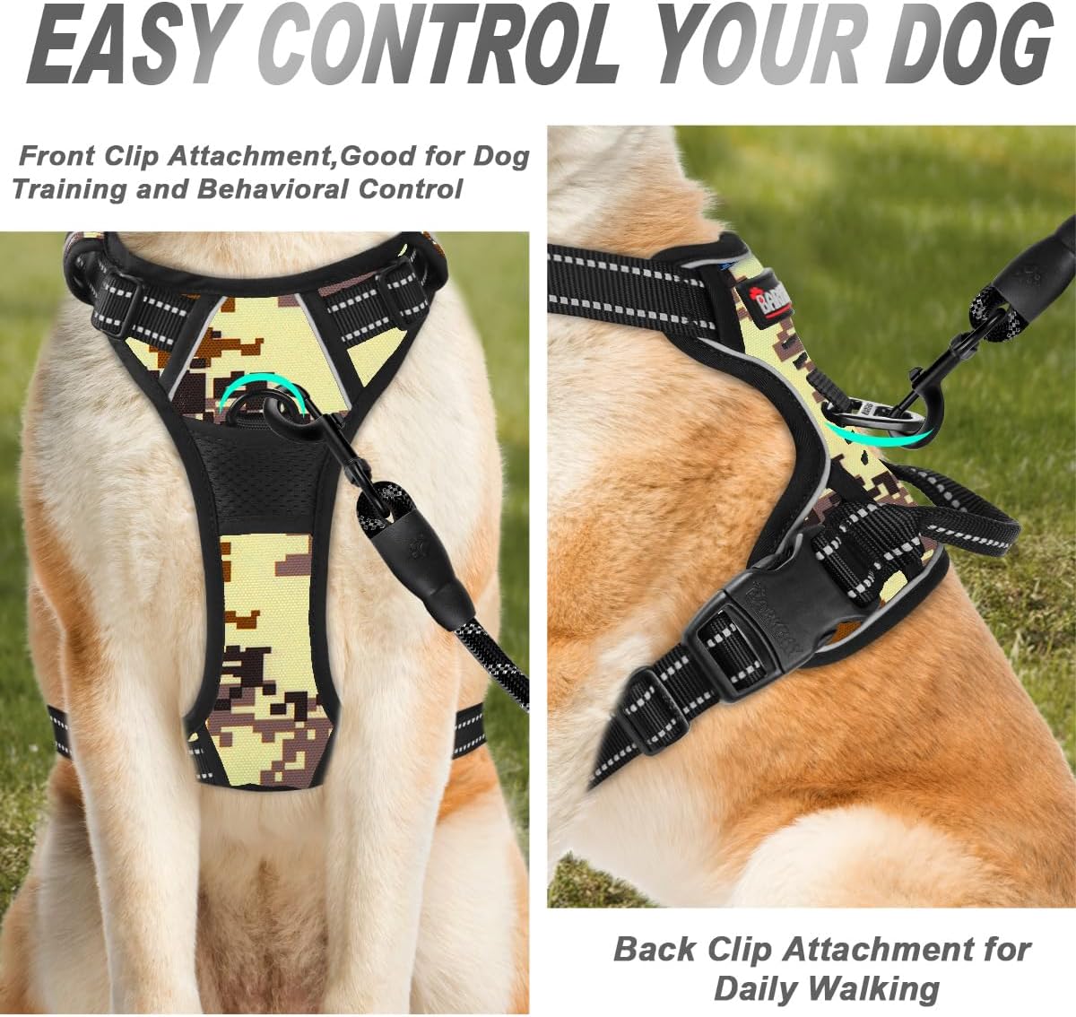 BARKBAY No Pull Dog Harness Front Clip Heavy Duty Reflective Easy Control Handle for Large Dog Walking(Desert camo,M)