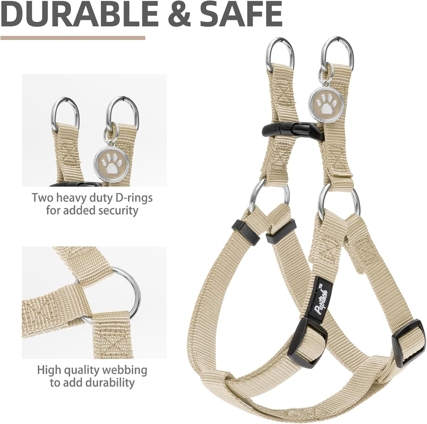 PUPTECK No Pull Dog Harness Soft Adjustable Basic Nylon Step in Puppy Vest Outdoor Walking with ID Tag and A-ir Tag Case, Cream, S