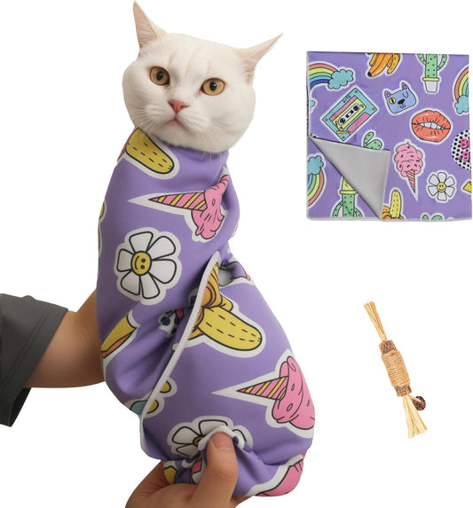27.6" Cat Grooming Wrap,Self-Adherent Cat Wrap for Cutting Nails,Anti-Escape Cat Swaddle Wrap,Multifunctional Anti-Scratch Cat Restraint Wrap for Medicine,Nail Clipping,Ear Cleaning(Within 15lbs)