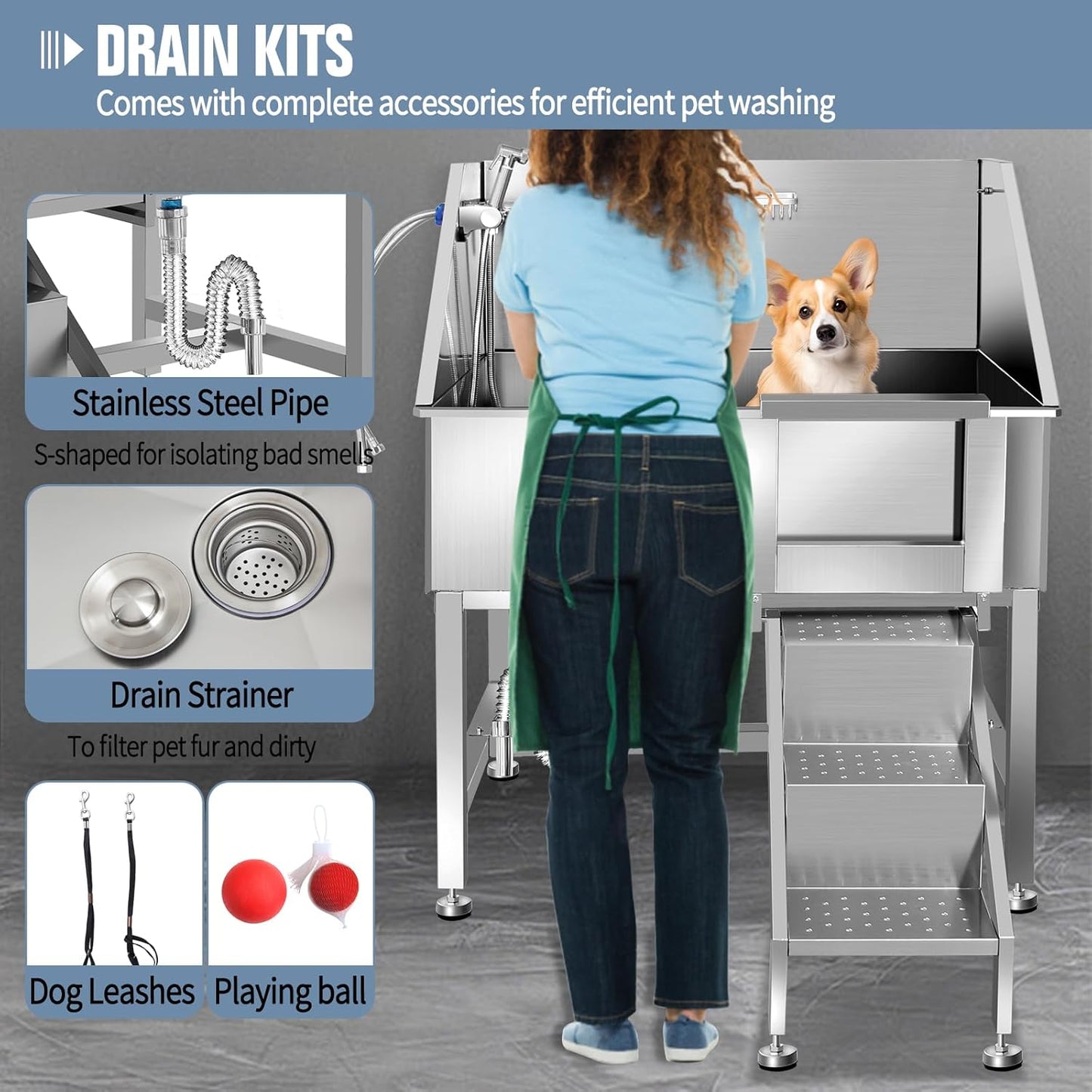 38" Dog Bathing Station, Professional Dog Washing Station Stainless Steel Dog Grooming Tub for Home,Equipped with Three Anti-Slip Steps, Removable Door, Pet Wash Station for Pet,R-RAMP