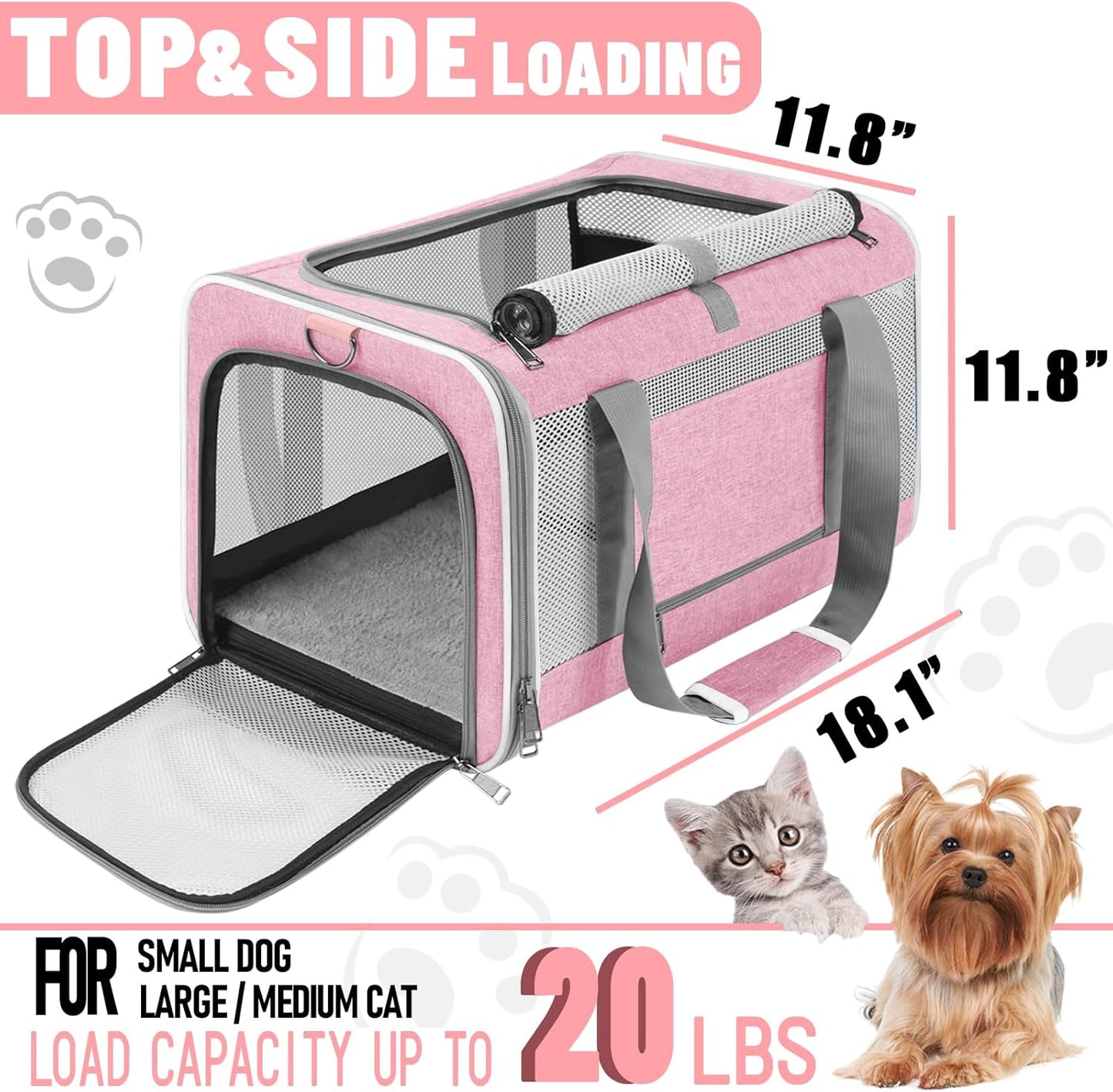 Cat Carrier 20lbs Top Open/Soft Sided Small Pet Dog Travel Carrying Crate/Collapsible Puppy Transport Carry Bag/Sturdy Pet Cages Chihuahuas Mini Dog 10lbs Pink
