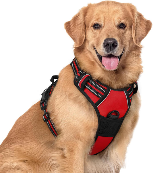 rabbitgoo Dog Harness No Pull with 2 Leash Clips, Adjustable Soft Padded, Reflective Oxford No Choke Pet Vest with Easy Control Handle for Large Dogs, Red, XL