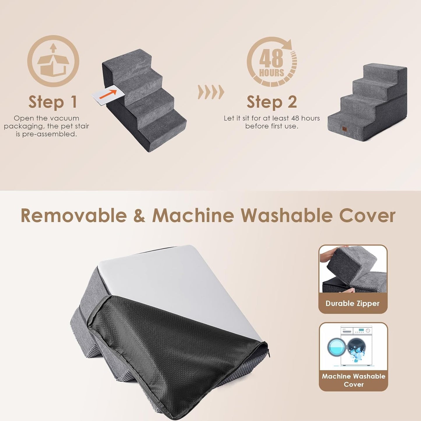 EHEYCIGA Dog Stairs for Bed 18" H, 4-Step Dog Steps for High Bed, Pet Steps for Small Dogs and Cats, Non-Slip Balanced Pet Ramp Indoor, Grey