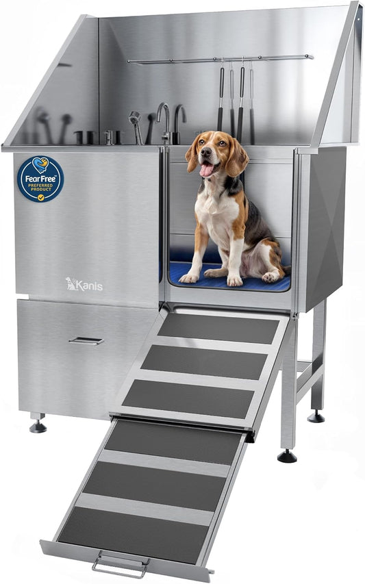 KANIS Professional Dog Washing Station - 304 Stainless Steel Pet Wash Sink & Grooming Bath Tub for Home with Ramp, Shower, Floor Grate, Storage Drawer, Faucet, Drain Kit for Large, Medium & Small Pets