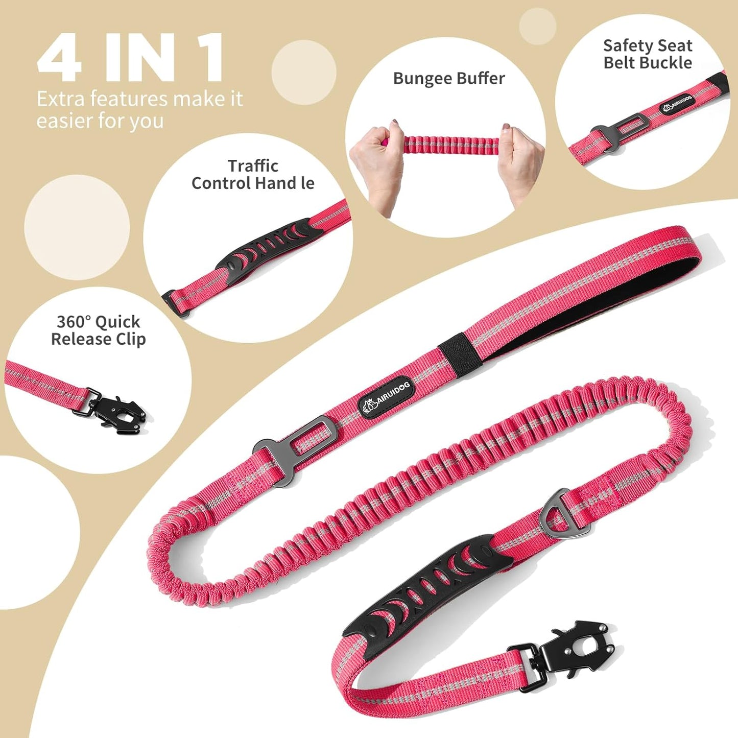 Heavy Duty Tactical Bungee Dog Leashes, 4-6FT Shock Absorbing Tactical Dog Leash with 2 Padded Handles, Metal Carabiner Clip,Car Seatbelt, Reflective Dog Leash for Medium Large Dogs (Pink)
