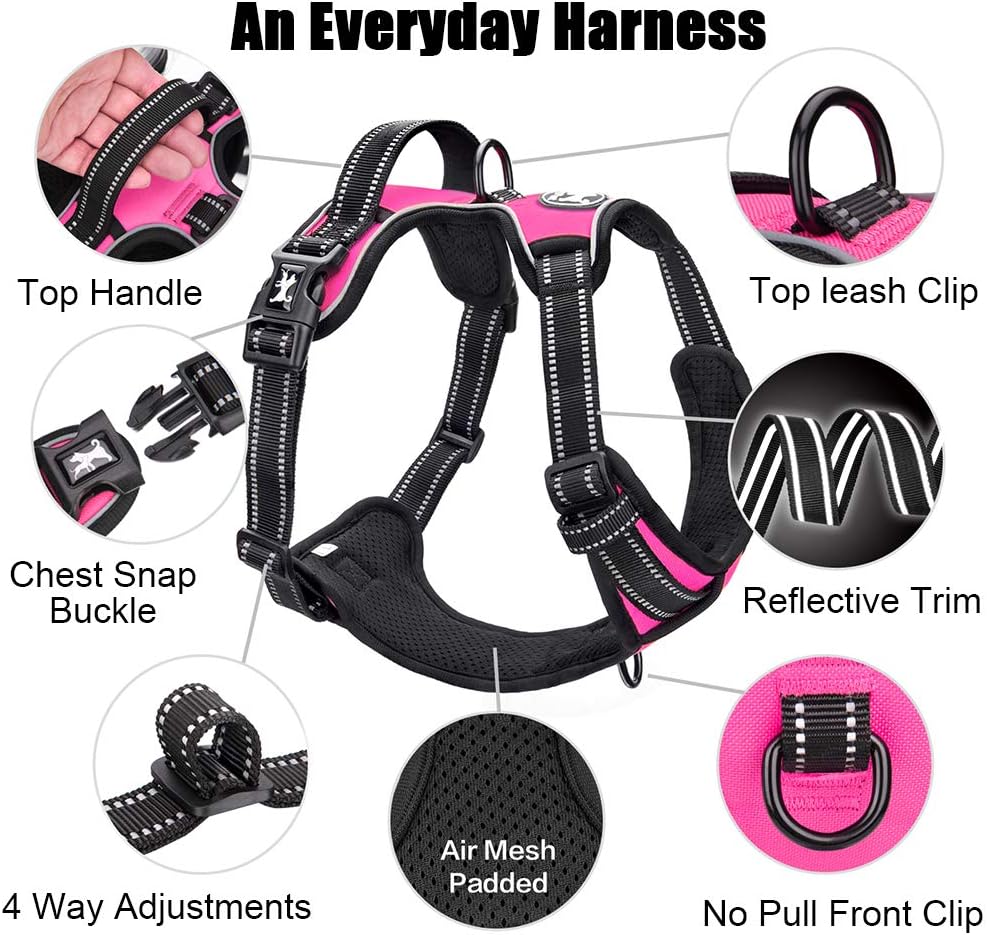 PoyPet No Pull Dog Harness, Reflective Comfortable Vest Harness with Front & Back 2 Leash Attachments and Easy Control Handle Adjustable Soft Padded Pet Vest for Small to Large Dogs (Pink,M)