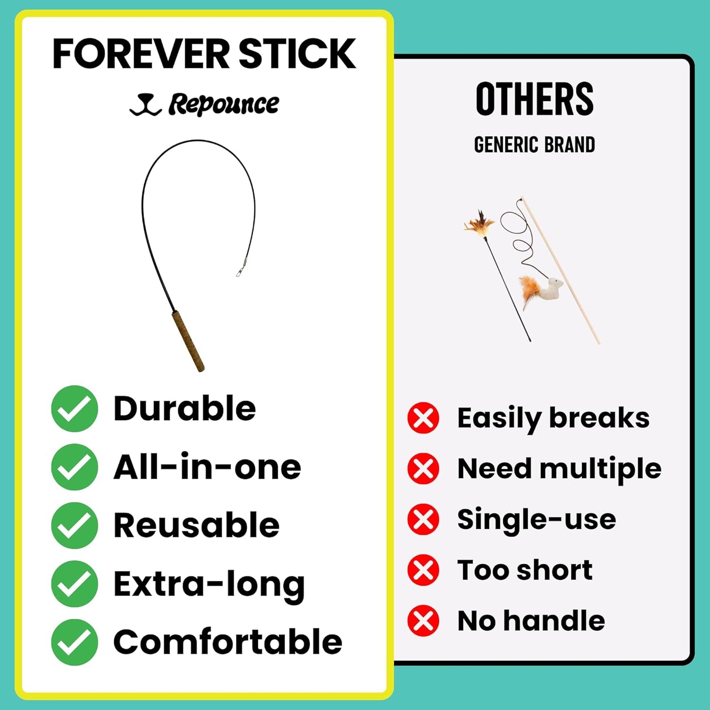 Forever Stick - The Unbreakable Cat Toy Wand, Extra Long Durable Interactive Cat Toy for Indoor Cats, Feather Kitten Toys for Bored Indoor Adult Cats, Bird Teaser Cat Accessories Enrichment