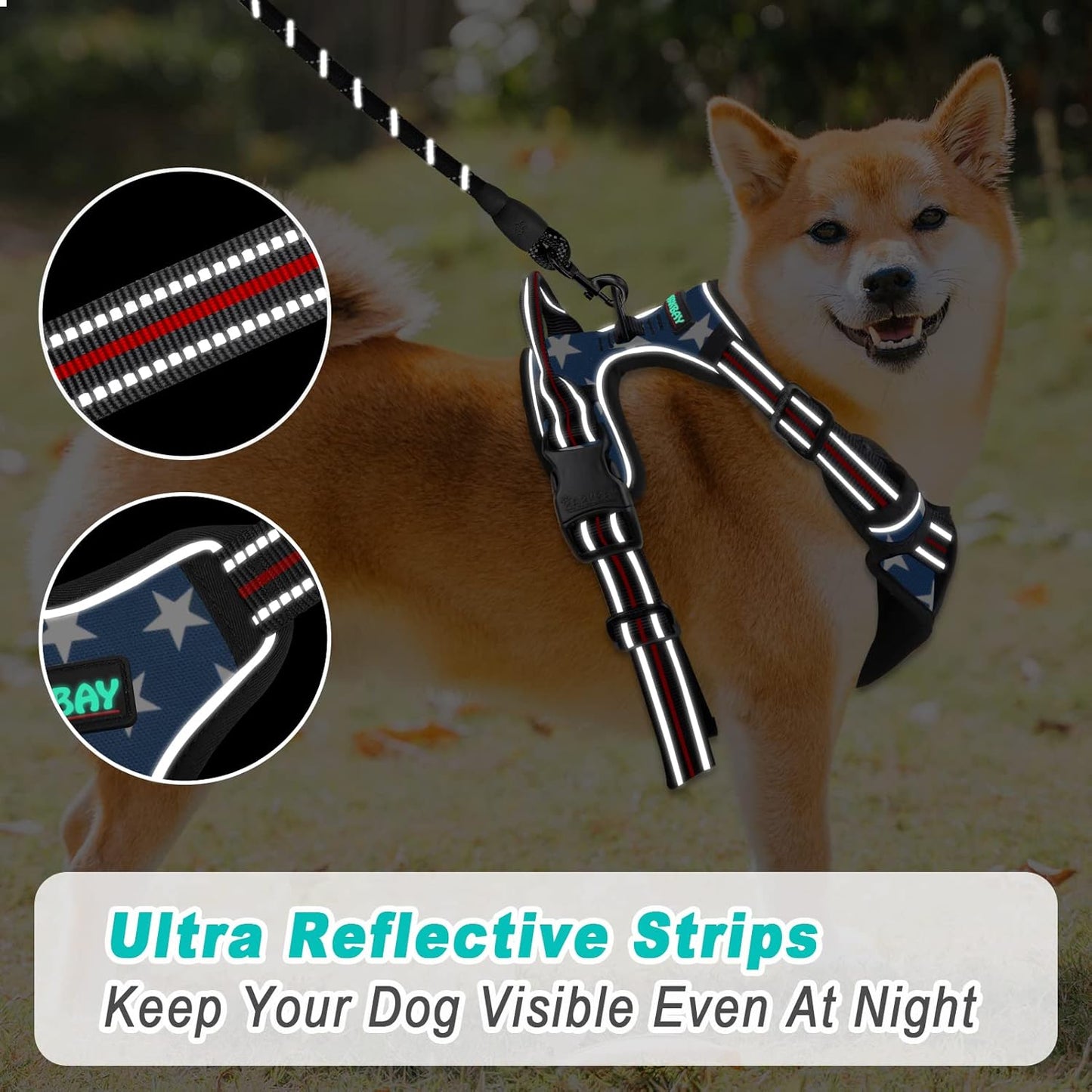 BARKBAY No Pull Dog Harness Large Step in Reflective Dog Harness with Front Clip and Easy Control Handle for Walking Training Running(Star,L)