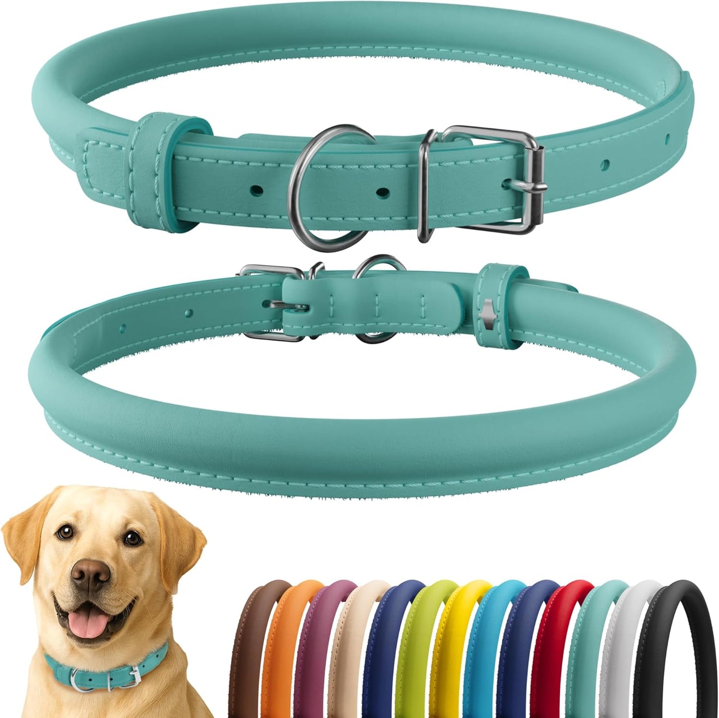 CollarDirect Rolled Leather Dog Collar, Soft Padded Round Puppy Collar, Handmade Genuine Leather Collar Dog Small Large Cat Collars 13 Colors (18-22 Inch, Mint Green Smooth)