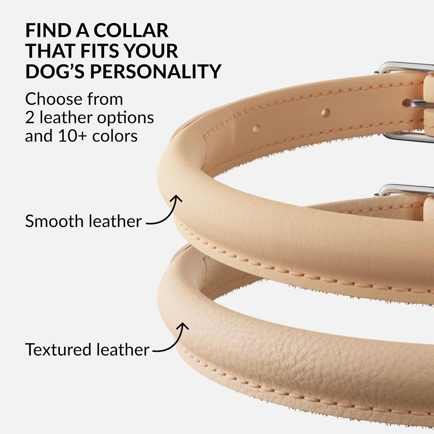 CollarDirect Rolled Leather Dog Collar, Soft Padded Round Puppy Collar, Handmade Genuine Leather Collar Dog Small Large Cat Collars 13 Colors (11-14 Inch, Beige Smooth)