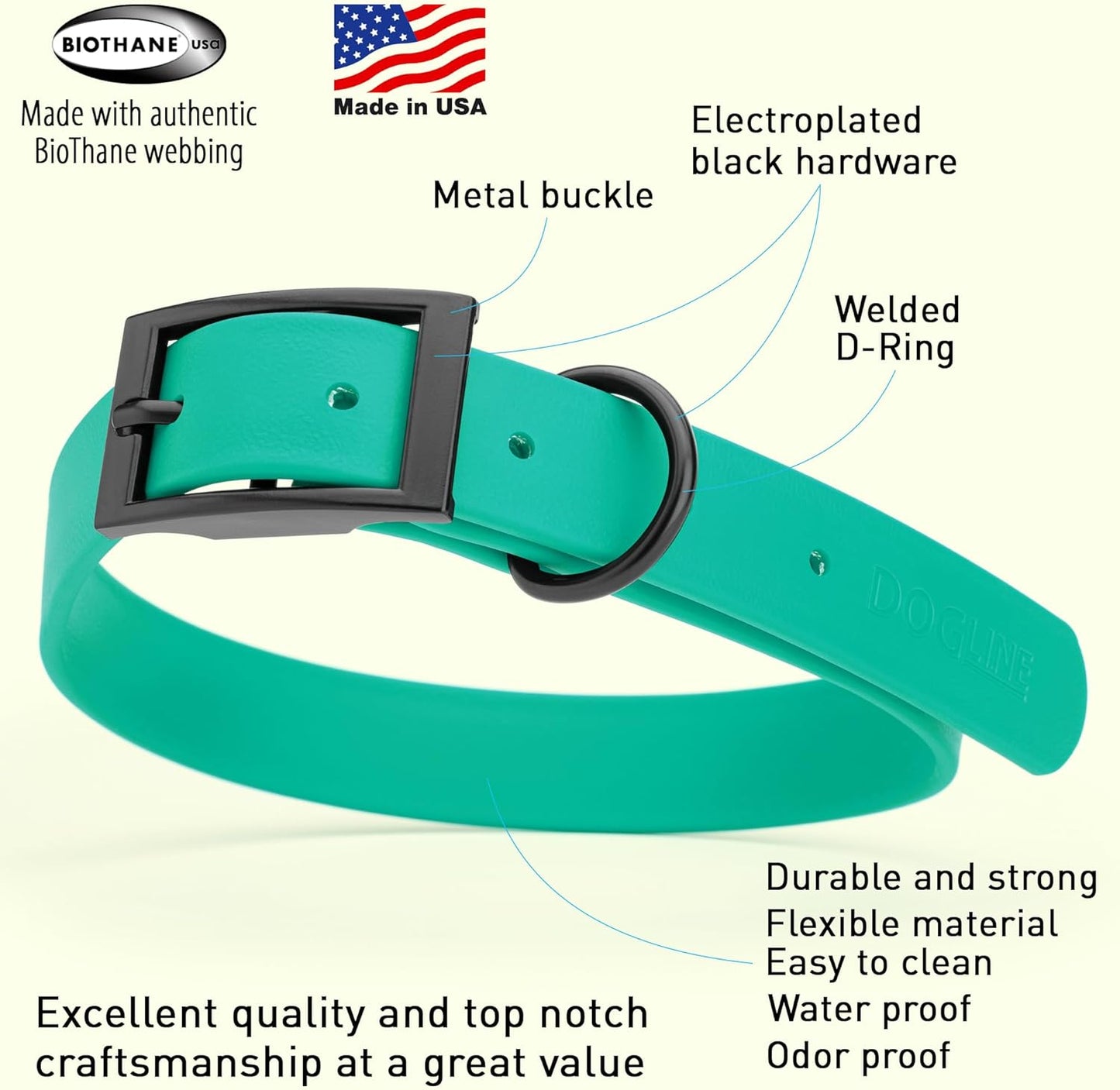 Dogline Biothane Waterproof Dog Collar Strong Coated Nylon Webbing with Black Hardware Odor- Proof for Easy Care Easy to Clean High Performance Fits Small Medium or Large Dogs, Teal