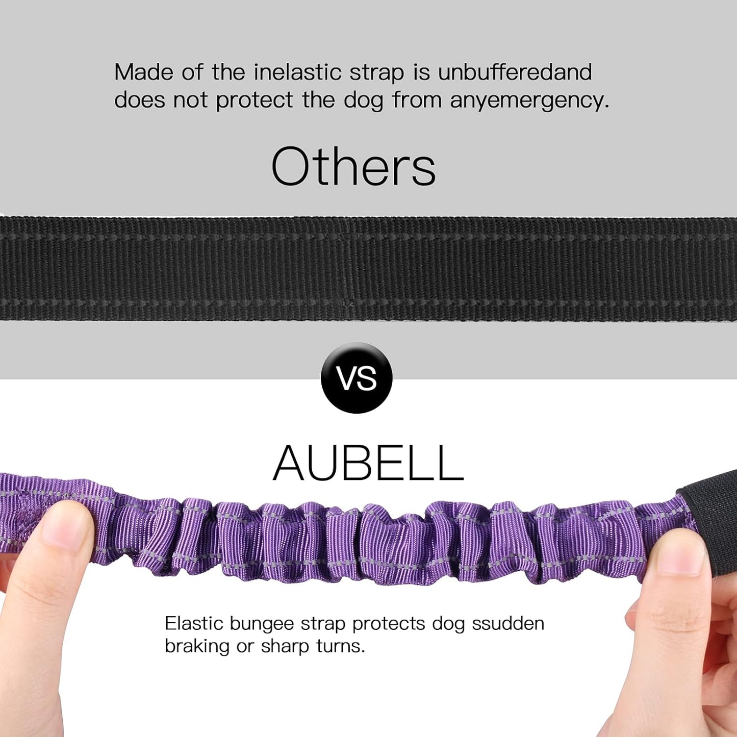 AUBELL Dog Seat Belt for Car,2 Pack Set 3-in-1 Adjustable Reflective Bungee Heavy Duty Dog Car Harness Tether with Clip Hook Latch & Buckle,Swivel Zinc Alloy Carabiner,Black+Purple