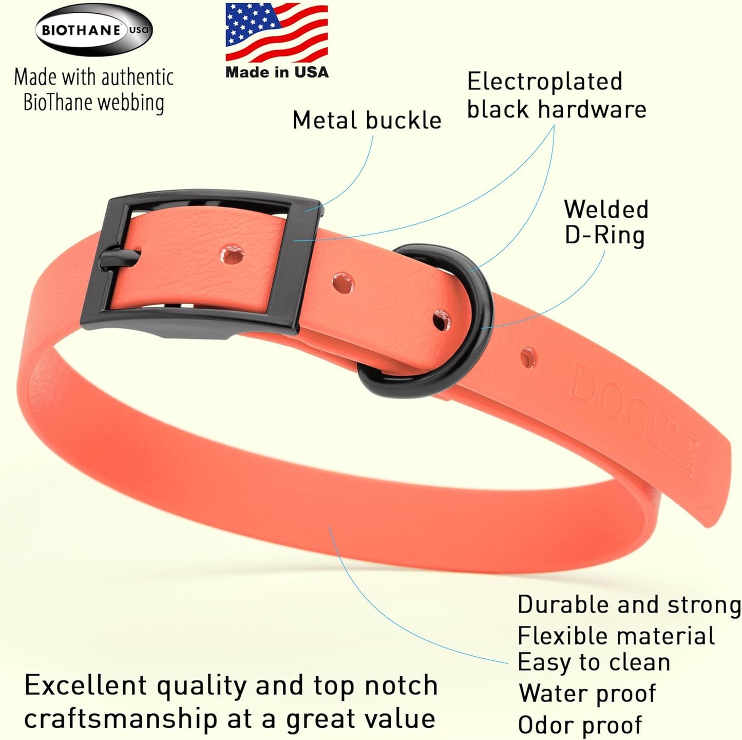 Dogline Biothane Waterproof Dog Collar Strong Coated Nylon Webbing with Black Hardware Odor- Proof for Easy Care Easy to Clean High Performance Fits Small Medium or Large Dogs, Coral