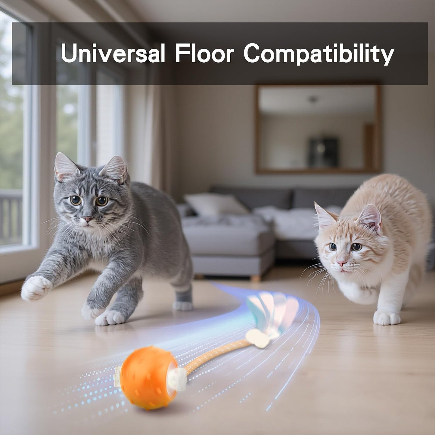 Interactive Cat Toys Ball for Indoor Cats, Automatic Agile Rolling Cat Ball with Elastic Mesh Tail, Bird Chirping & Motion Activated, 2 Tail Accessories, Kitten Toy for Bored (Orange)