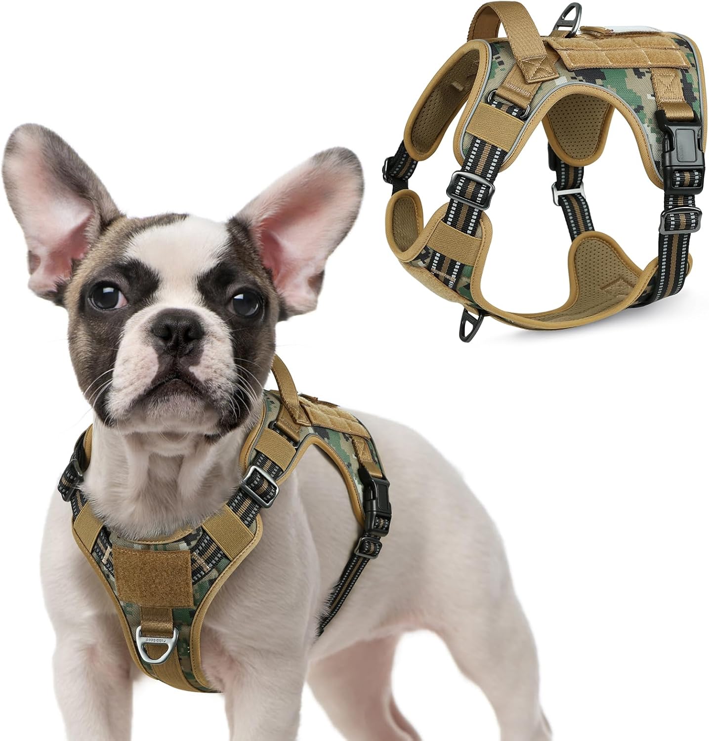 rabbitgoo Tactical Dog Harness for Small Dogs, No Pull Military Service Vest with Handle & Molle, Easy Control for Training Walking, Adjustable Reflective Straps, Brown camo, S