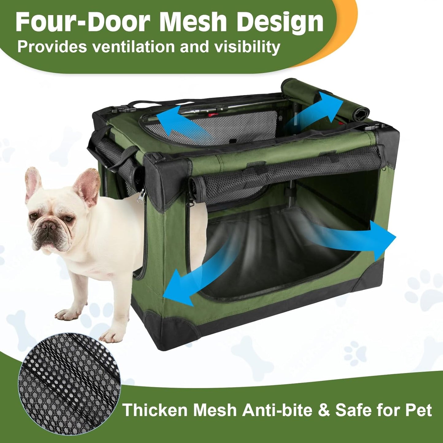 24" Small Dog Crate,Portable Crate for Small Dogs, Portable Travel Pet Crates,Soft Dog Crate Collapsible Dogs Crate,with 4 Mesh Doors, Foldable Car Kennel for Puppy with Handle for Outdoor - Green