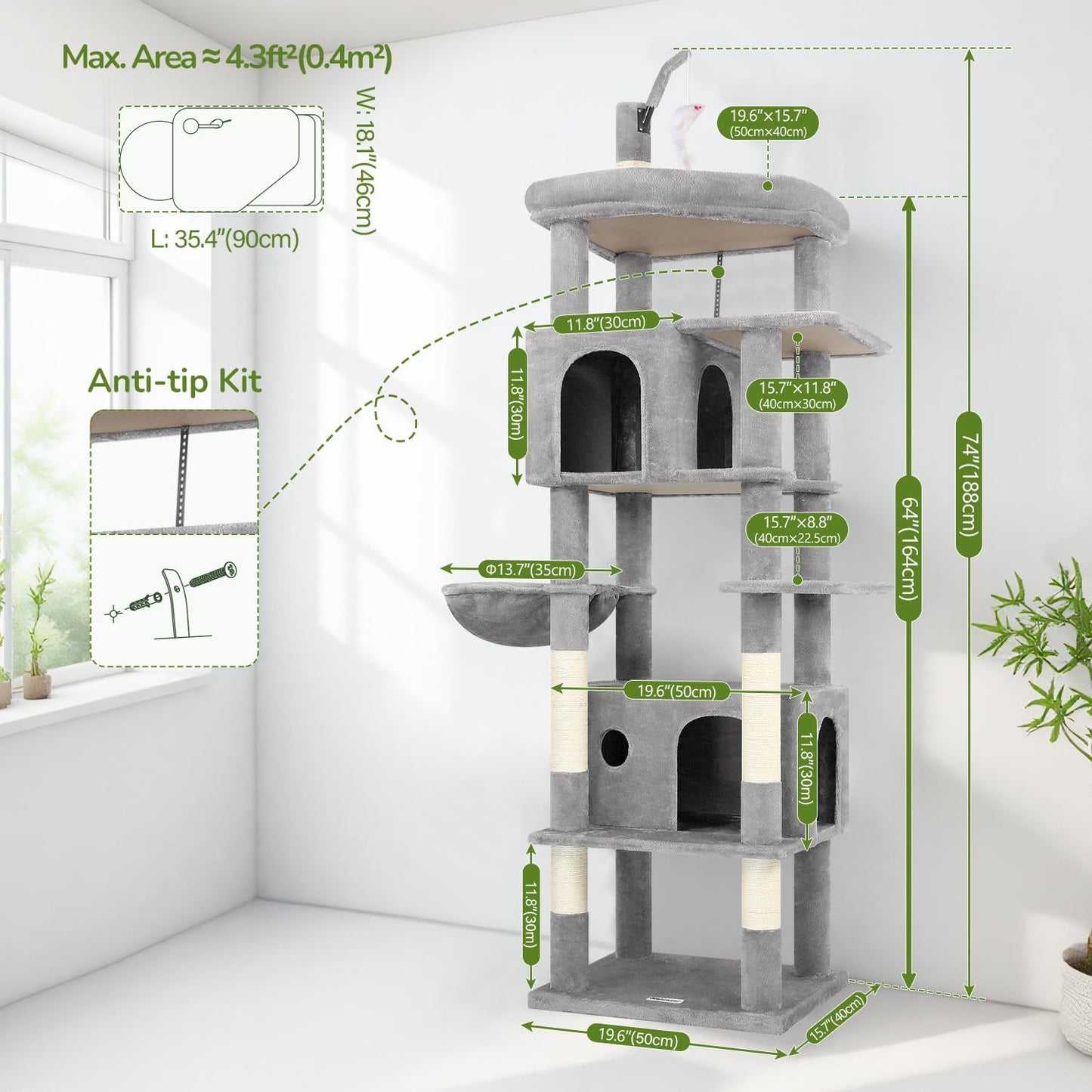 Globlazer Large Cat Tree Tower, Tall Cat Tree Condos for Indoor Cats Large Adult Cat Climbing Tower with 2 Spacious Caves, Oversized Top Perch, Big Hanging Basket, Cat Teaser Wand, F74B, Light Grey