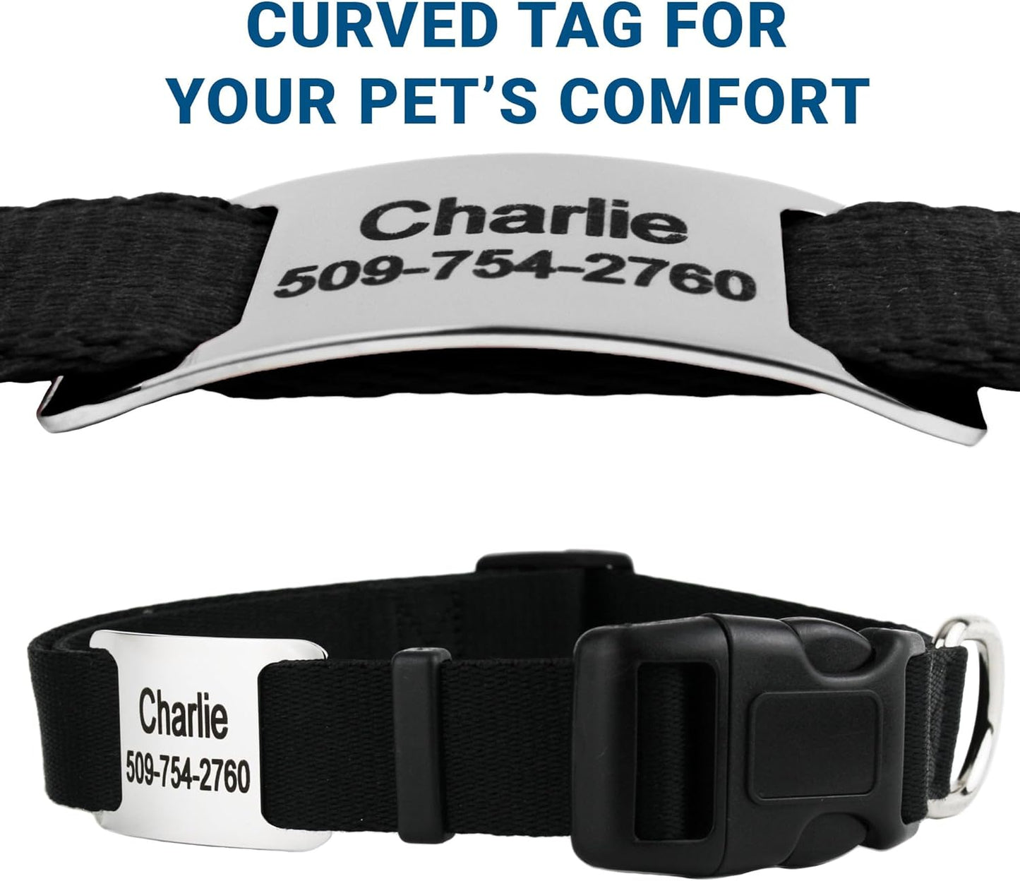 GoTags Personalized Dog Collar with Nameplate, Adjustable Dog Collar with Custom Engraved Slide On Pet ID Tag in Stainless Steel, Silent, No Noise Dog Tag (Light Gray, Small)