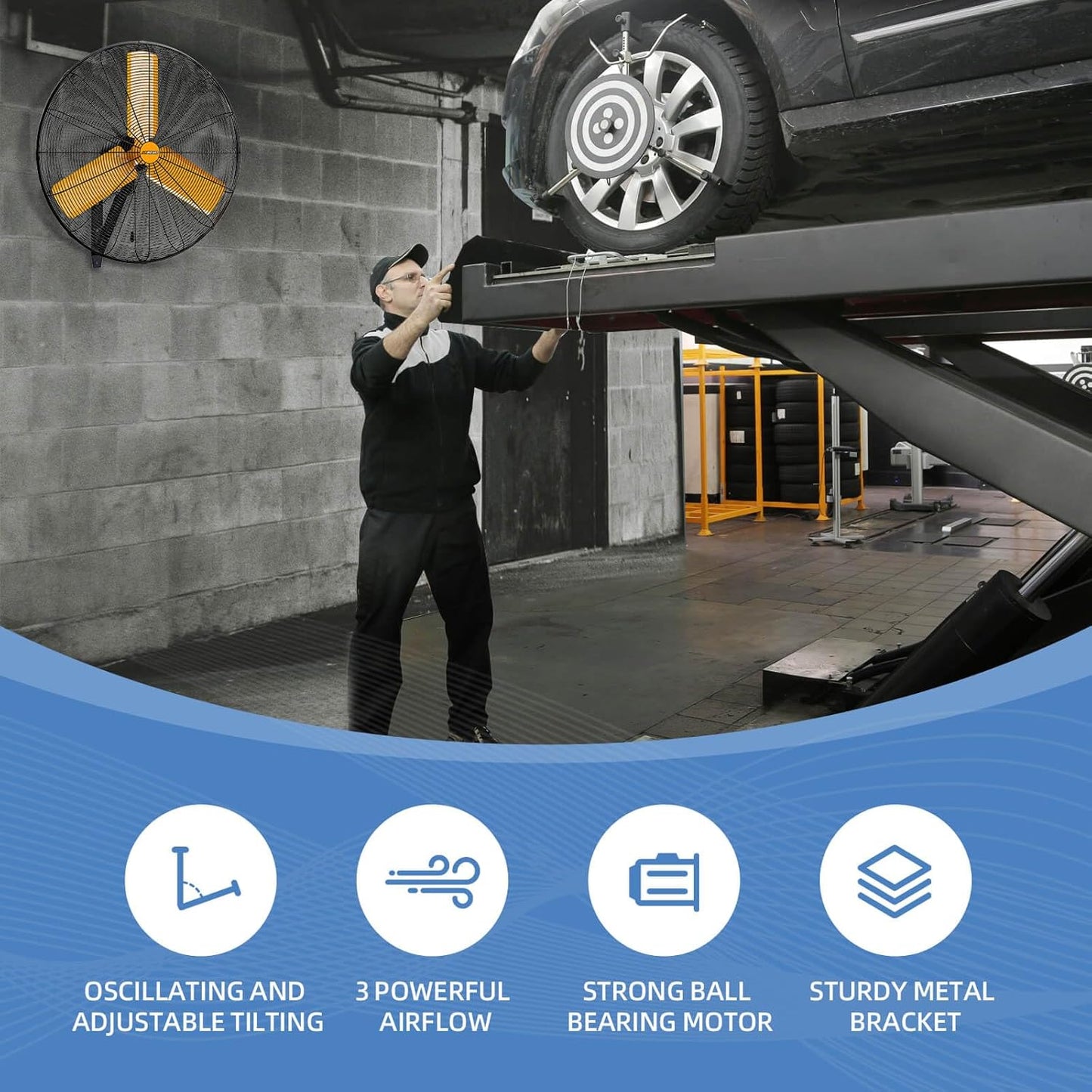 24 inch Oscillating High Velocity Wall Mount Fan, 7600 CFM Industrial Heavy Duty Metal Wall Fan, 3 Speeds, Adjustable Height and Tilt, Commercial Shop Fans for Garage, Workshop