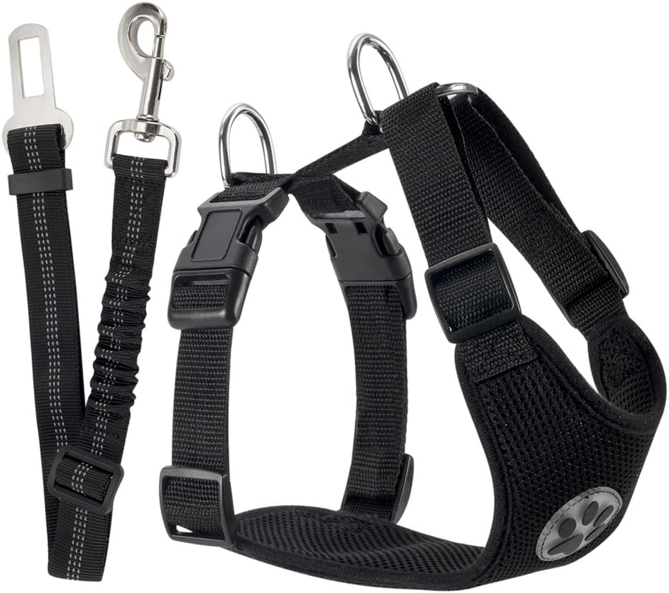 SlowTon Dog Seat Belt Harness for Car, Dog Car Harness Adjustable Mesh Breathable & Dog Seatbelt Safety Tether with Elastic Bungee for Small Medium Large Pets(Black, Single Clip, XS)