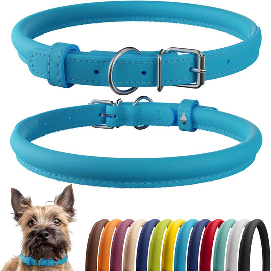 CollarDirect Rolled Leather Dog Collar, Soft Padded Round Puppy Collar, Handmade Genuine Leather Collar Dog Small Large Cat Collars 13 Colors (8-11 Inch, Light Blue Smooth)