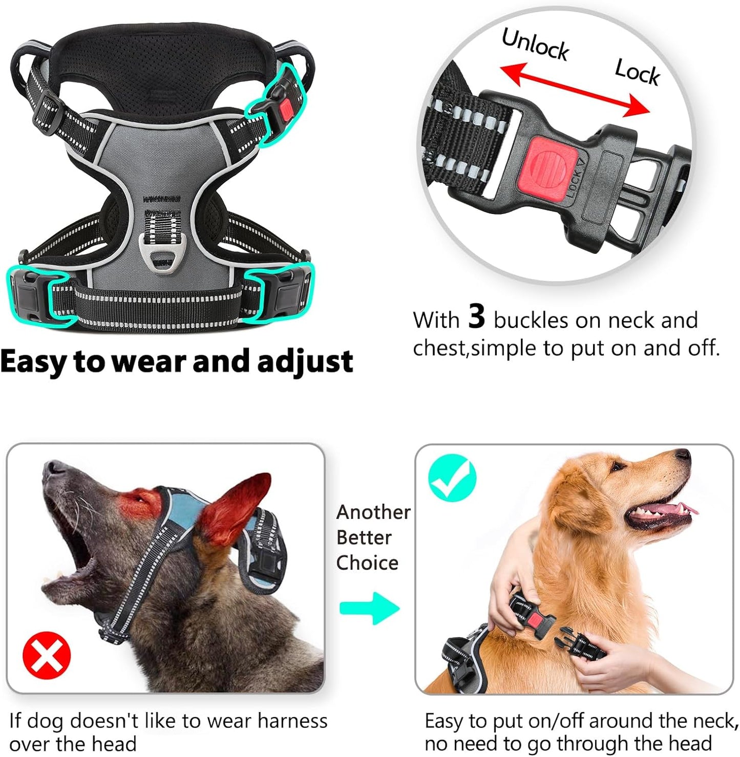 Timos Dog Harness Large Sized, No Pull with Neck Lockable Snap,No Choke Front Clip Dog Reflective Harness,Adjustable Metal Rings 3 Buckles,Easy Control Handle for Large Dogs Gray L