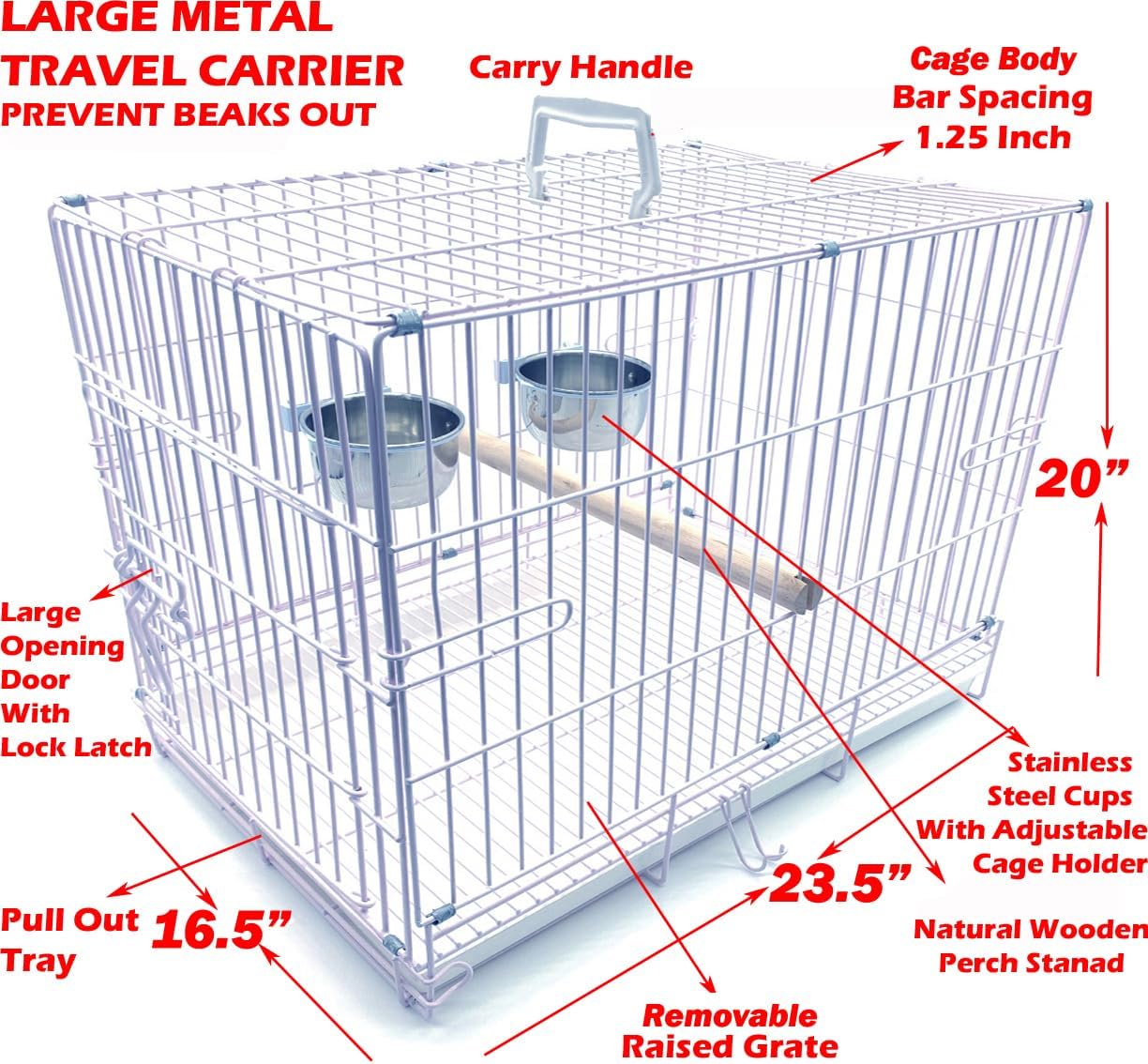 Large Portable Durable Metal Travel or Veterinary Easy Collapsable Parrot Bird Carrier Beaks Proof Carrier Cage Easy Clean Pull Out Tray Stainless Steel Feeder Bowls Natural Wooden Perch