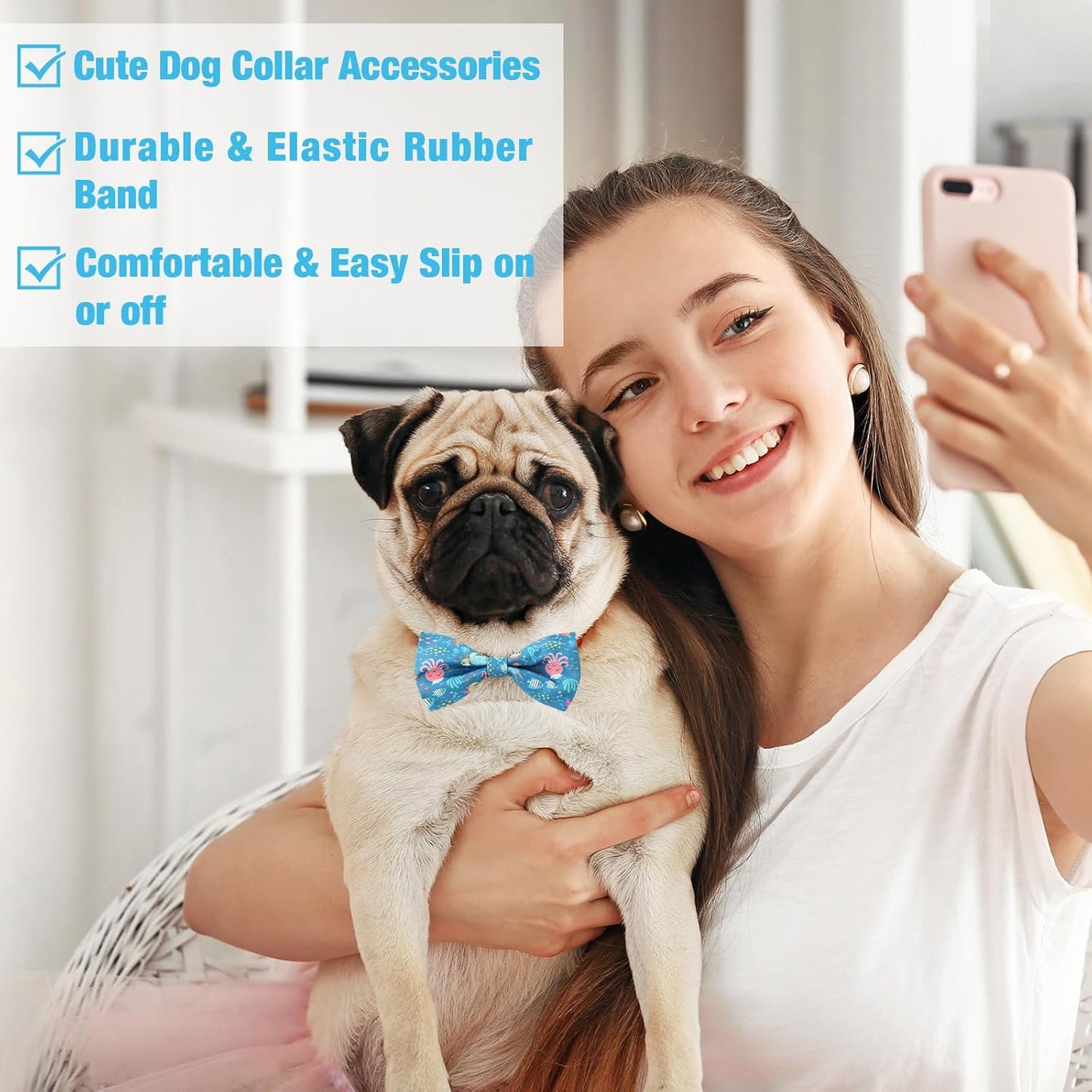 Reginary 50 Pieces Dog Bow Ties Pet Collar Bow Puppy Collar Attachment with Rubber Bands for Small Medium Cat Pet Grooming Charms Accessories Wedding Birthday Occasion(Sea Style)