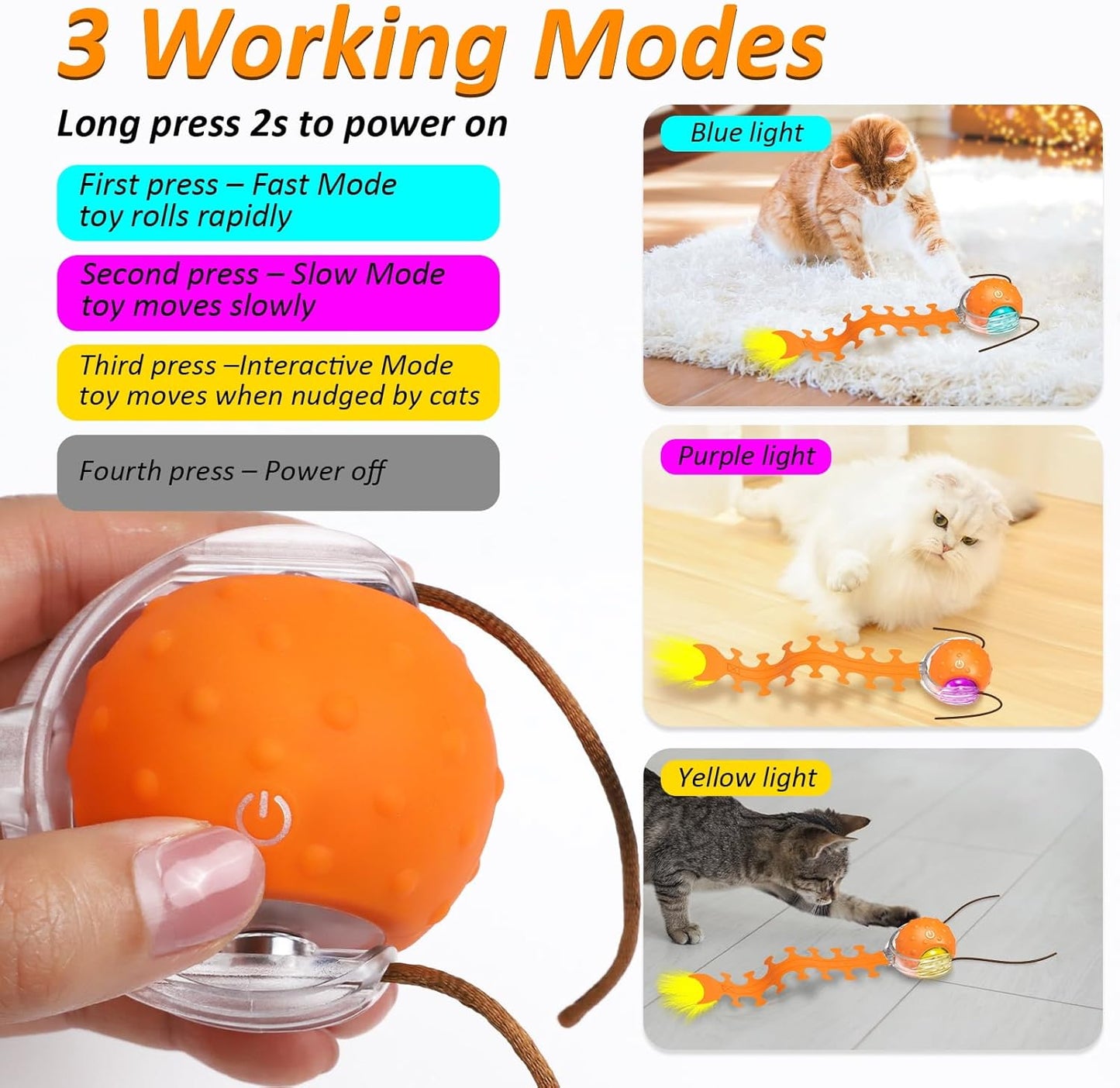 Interactive Cat Toys for Indoor Cats, Fast Rolling Cat Ball with Centipede Tail, Birds Chirping Touch Activated Automatic Kitten Toy, Rechargeable Toys for Cats to Keep Them Busy