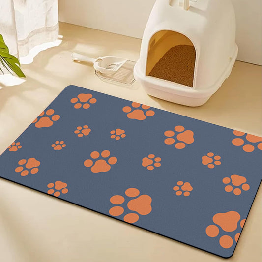 12"×20" Dog Food Mat-Absorbent Mat for Food and Water No Stains Quick Dry Cat Bowl Mat Non Skid Dog Feeding Mat with Footprints for Messy Drinkers Blue