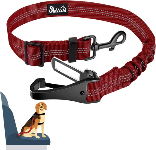 SlowTon Dog Seat Belt, Adjustable Dog Safety Belt Leash, 2 in 1 Latch Bar Attachment Dog Car Seatbelt with Elastic Nylon Bungee Buffer, Reflective Nylon Belt Tether(Red 35.5in)