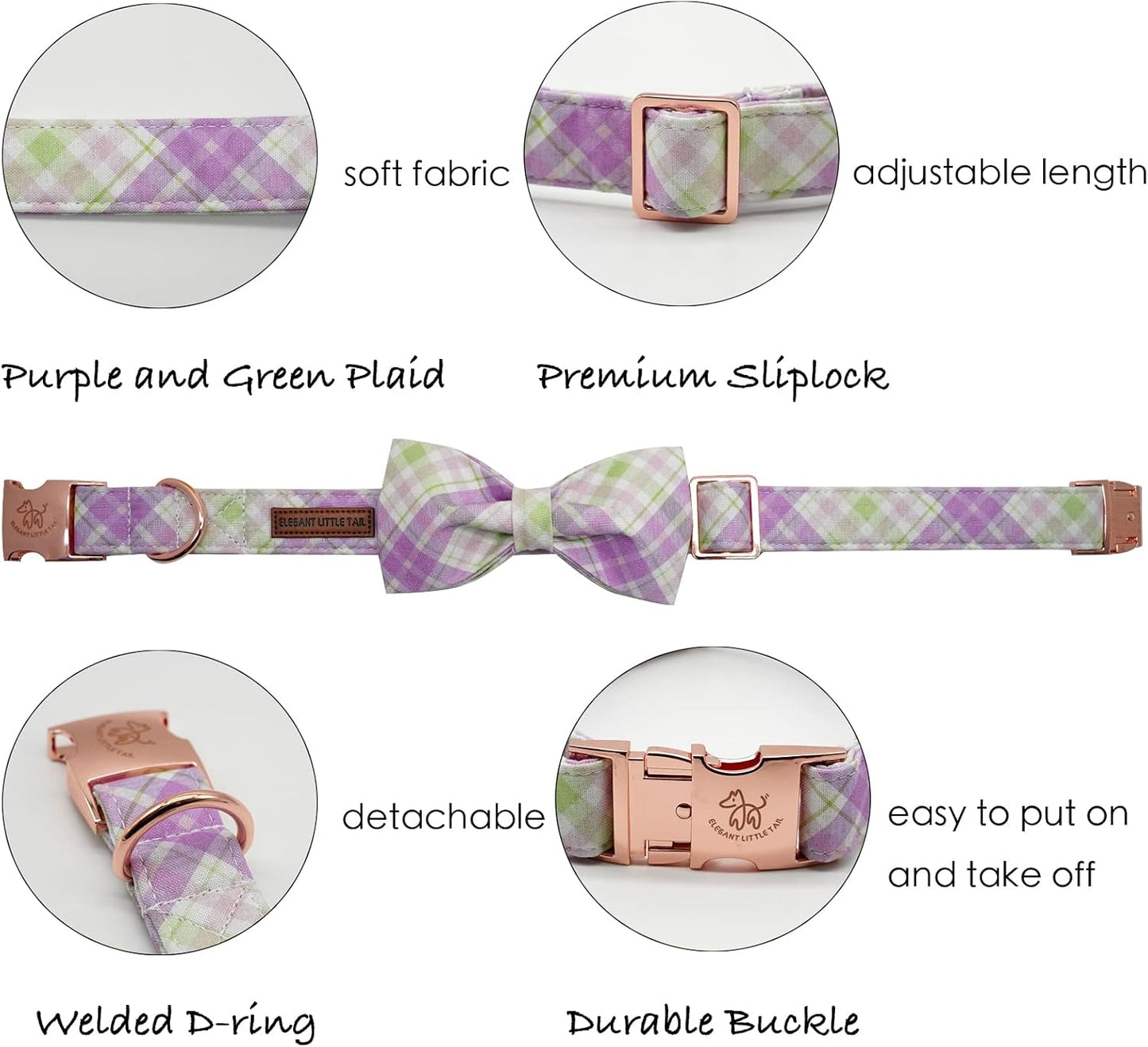 Elegant Little Tail Plaid Dog Collar with Cute Bowtie for Small to Large Dogs
