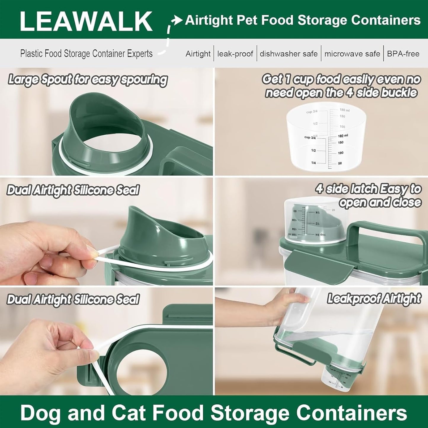 5-7Lbs Cat Dog Storage Container, Portable Pet Food Containers with Upgraded Large Spout and Cup, Small Animal Kibble Dispenser for Bird Seed, Oatmeal, Rice, Flour, Brown Sugart-Dark Green