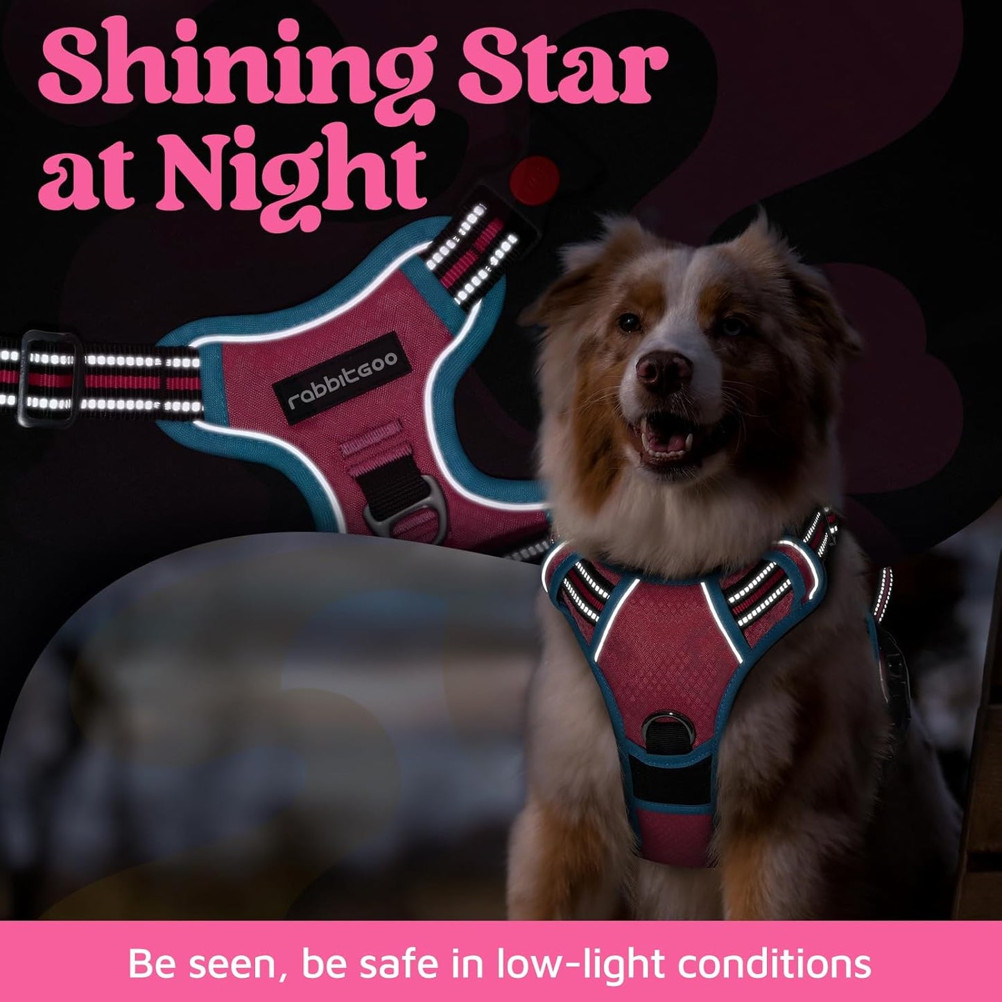 rabbitgoo Dog Harness for Large Dogs, No Pull Pet Vest with 3 Buckles, Adjustable Soft Padded Pet Harness with Easy Control Handle and Reflective Strips, Rose Pink & Blue, XL