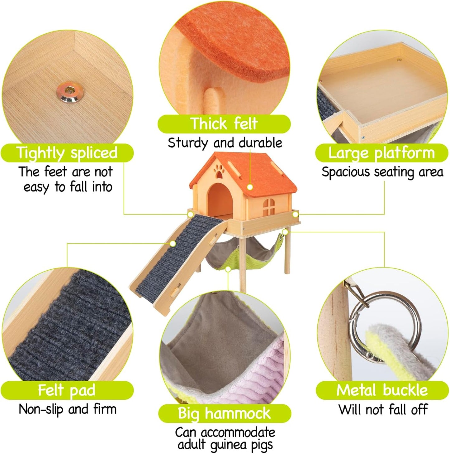 3 in 1 Enlarged Guinea Pig Hammock,Wooden Guinea Pig Hideout with House & Platform & Stairs Small Animal Toys for Hiding Sleeping Activities