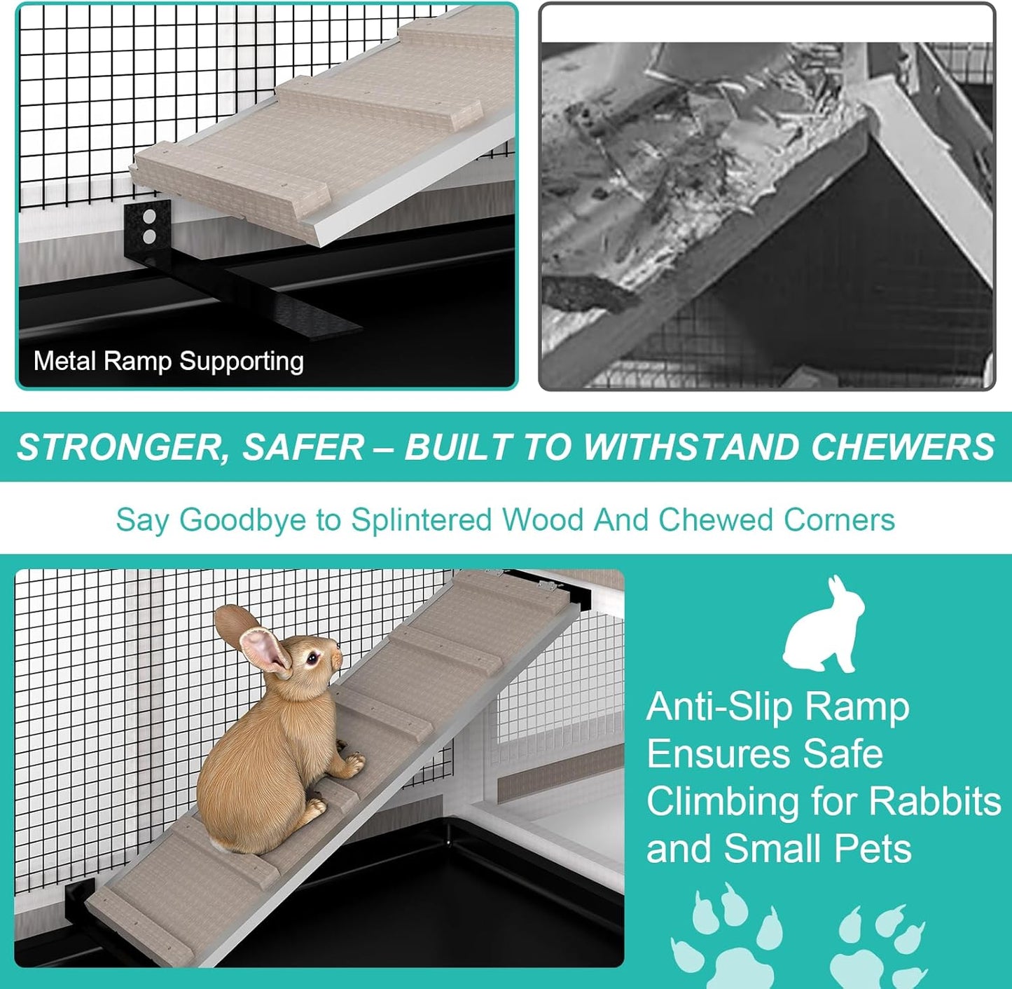 2-Tier Rabbit Hutch with Wheels, Indoor & Outdoor Small Animal Cage with Deep Pull-Out Tray, Anti-Chew Frame, Habitat for Bunny, Guinea Pig, Chinchilla (93" L x 19" W x 35" H)