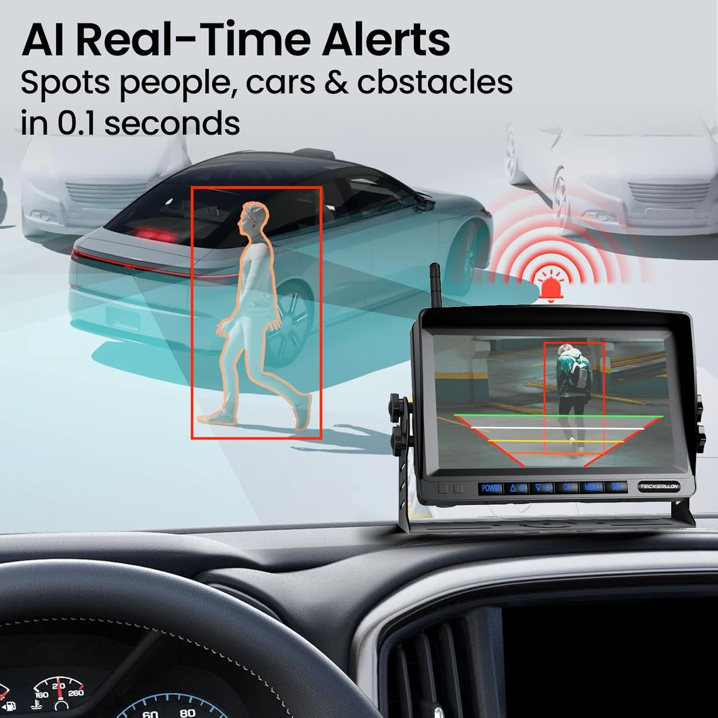 RV Backup Camera, Vehicle Backup Camera with AI Detection, 1080P Backup Cameras, 7'' Waterproof Wireless Backup Camera with DVR Recording & Night Vision for Car, Van, SUV, Truck, Trailer