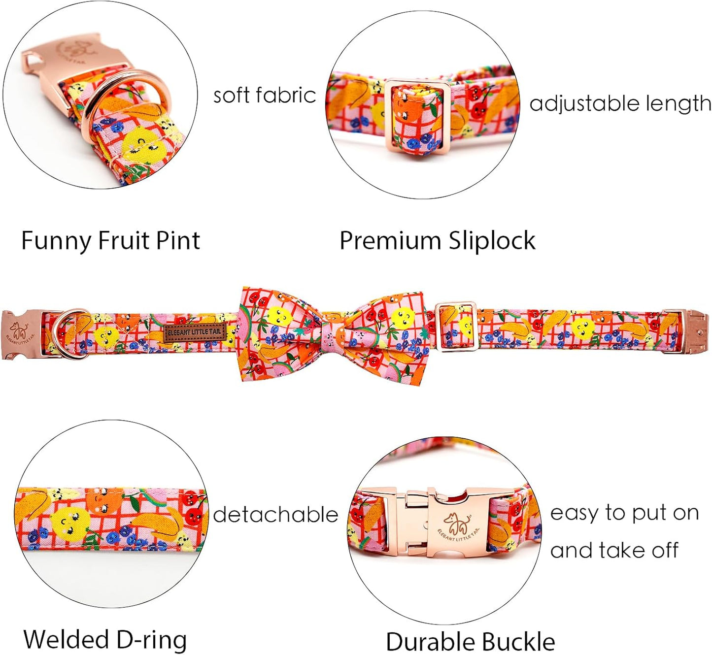 Elegant Little Tail Fruit Print Dog Collar - Cute Bowtie for Small to Large Dogs