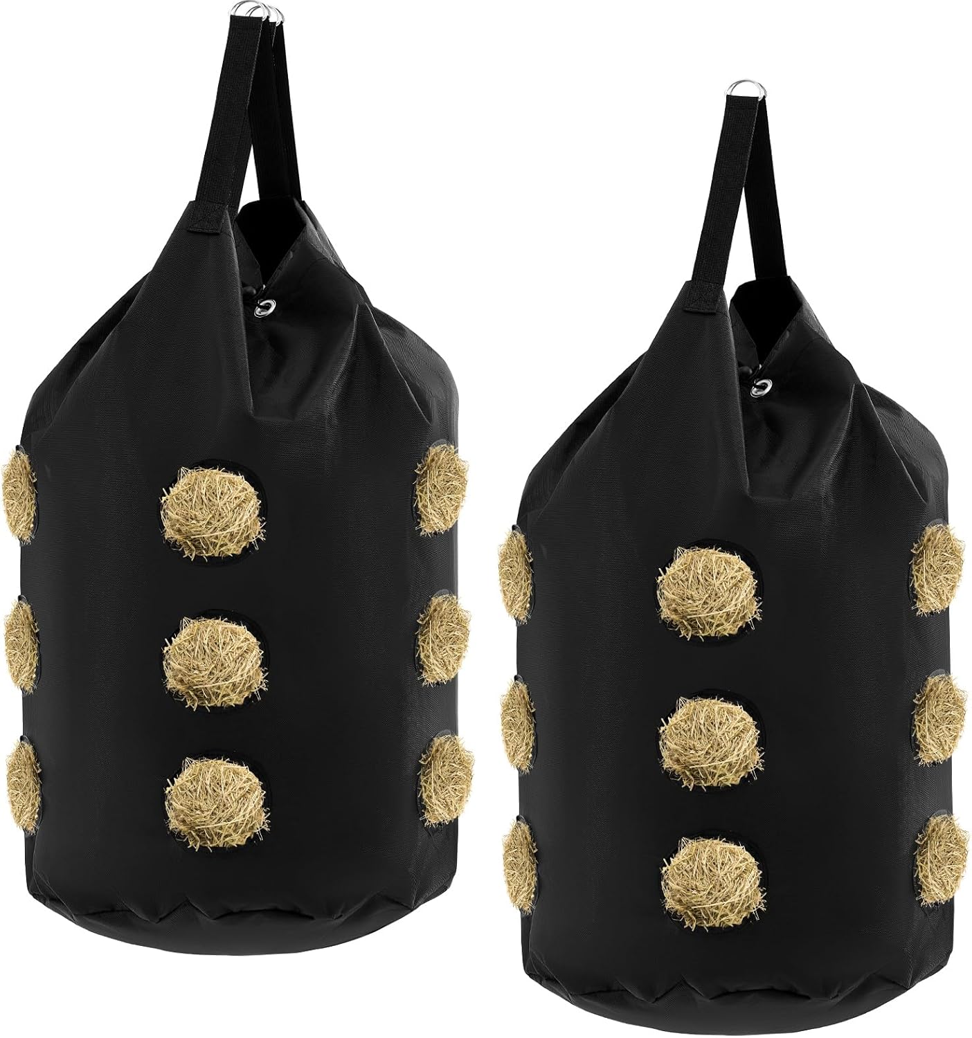 2 Pcs hay Bags for Horses Goats Slow Feed 1680D Oxford Bag Black Large Capacity Net Open Feed Hole Hay Holder for Horse Goats Sheep(15 Holes)