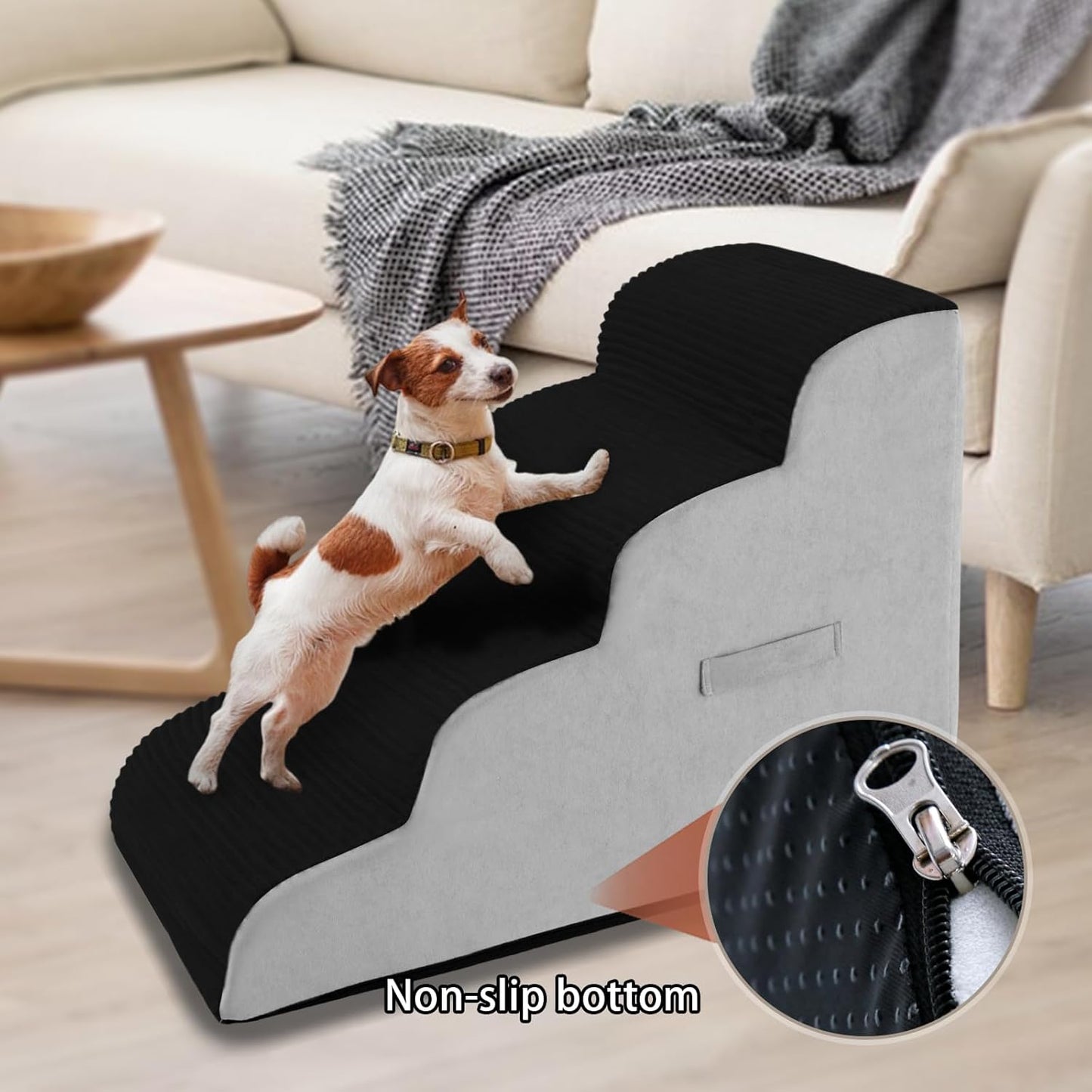 High Density Foam Dog Stairs Steps, Non-Slip Extra Wide Deep Pet Steps for Beds Or Couches, for Injured or Older Pets Dogs and Cats with Joint Pain (4-Tiers (Black))
