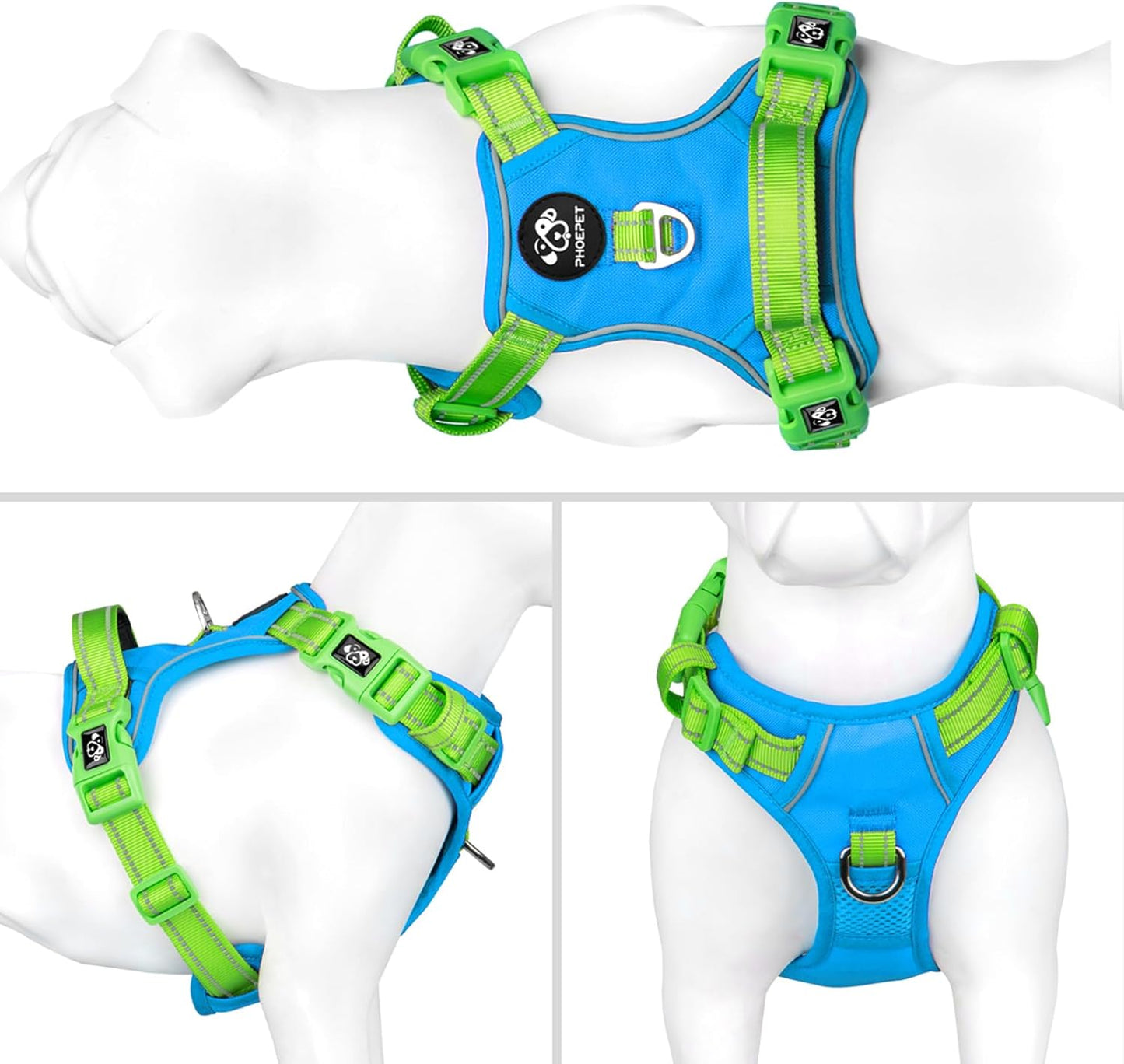 PHOEPET No Pull Dog Harness, Unique Colors Reflective Adjustable Dog Vest, with Soft Training Handle Metal Clips for Small Medium Large Dogs (Blue Base & Green Straps,M)