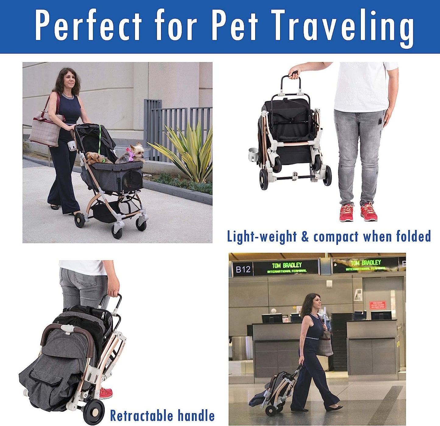 HPZ-PR America Pet Rover Lite Premium Light-Weight Dog/Cat/Pet Stroller Travel Carriage with Convertible Compartment/Aluminum Frame for Small & Medium Pets (Gray 2nd-Gen.)