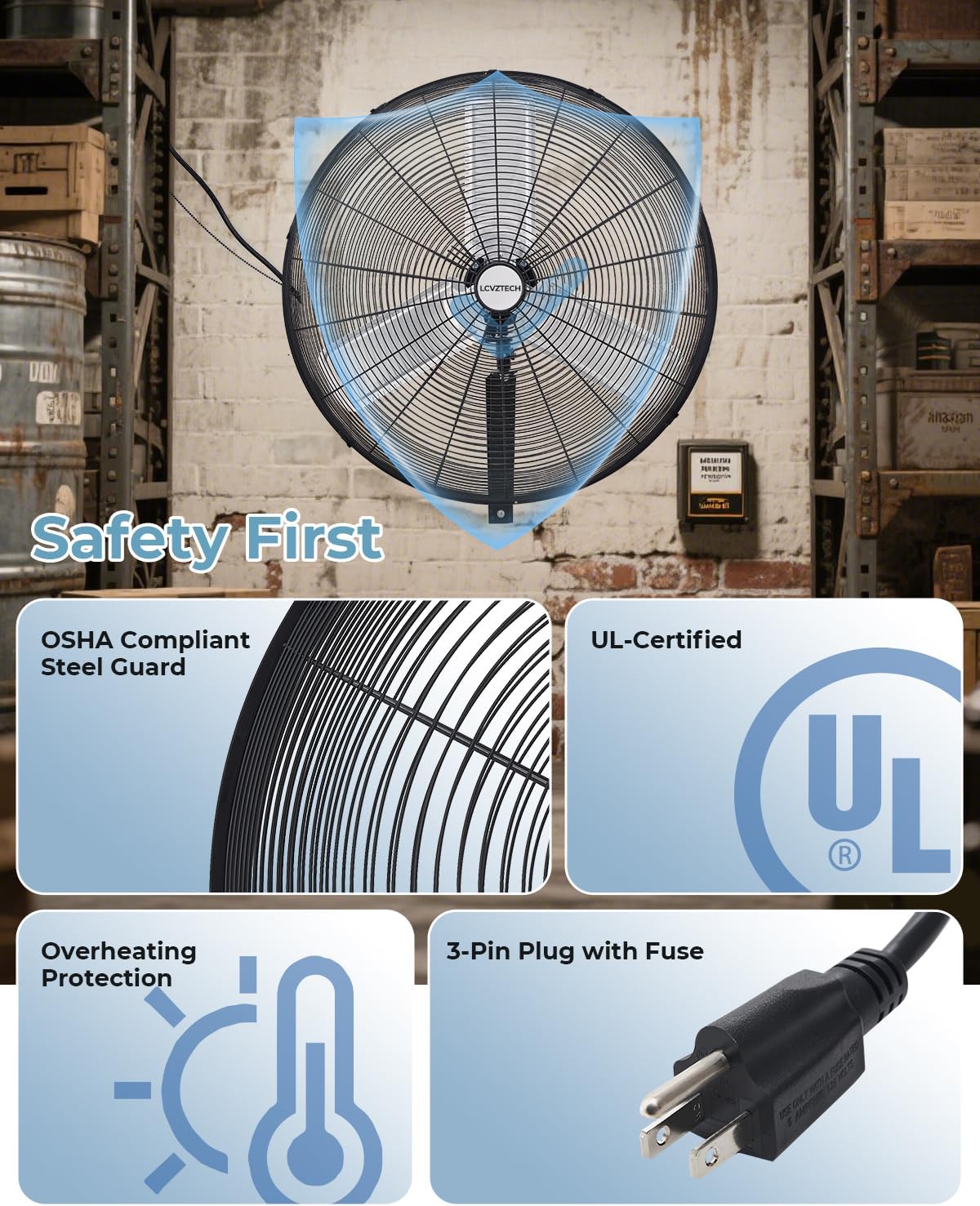 30 inch Wall Mount Fan Oscillating, 3-Speed 8850 CFM High Velocity Industrial Wall Mounted Fan, Heavy Duty Air Circulator for Garage, Shop, Gym, Workshop, Covered Patio - UL Listed
