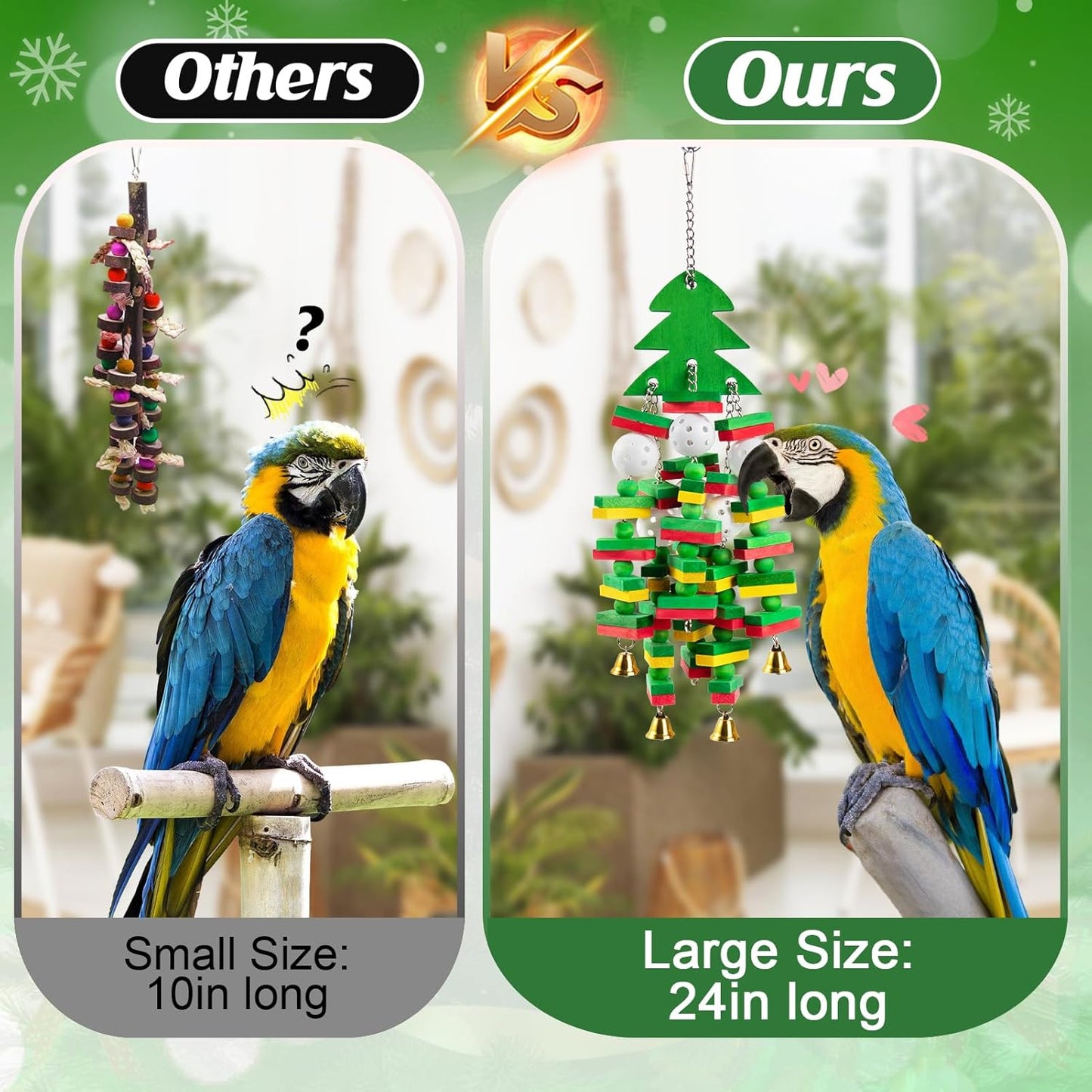 Christmas Large Bird Toy - Natural Wooden Parrots Toy with Colorful Edible Blocks for Macaws African Grey Amazon Parrots Cockatoos, Bird Chewing Toy for Gifts Playing(Green)